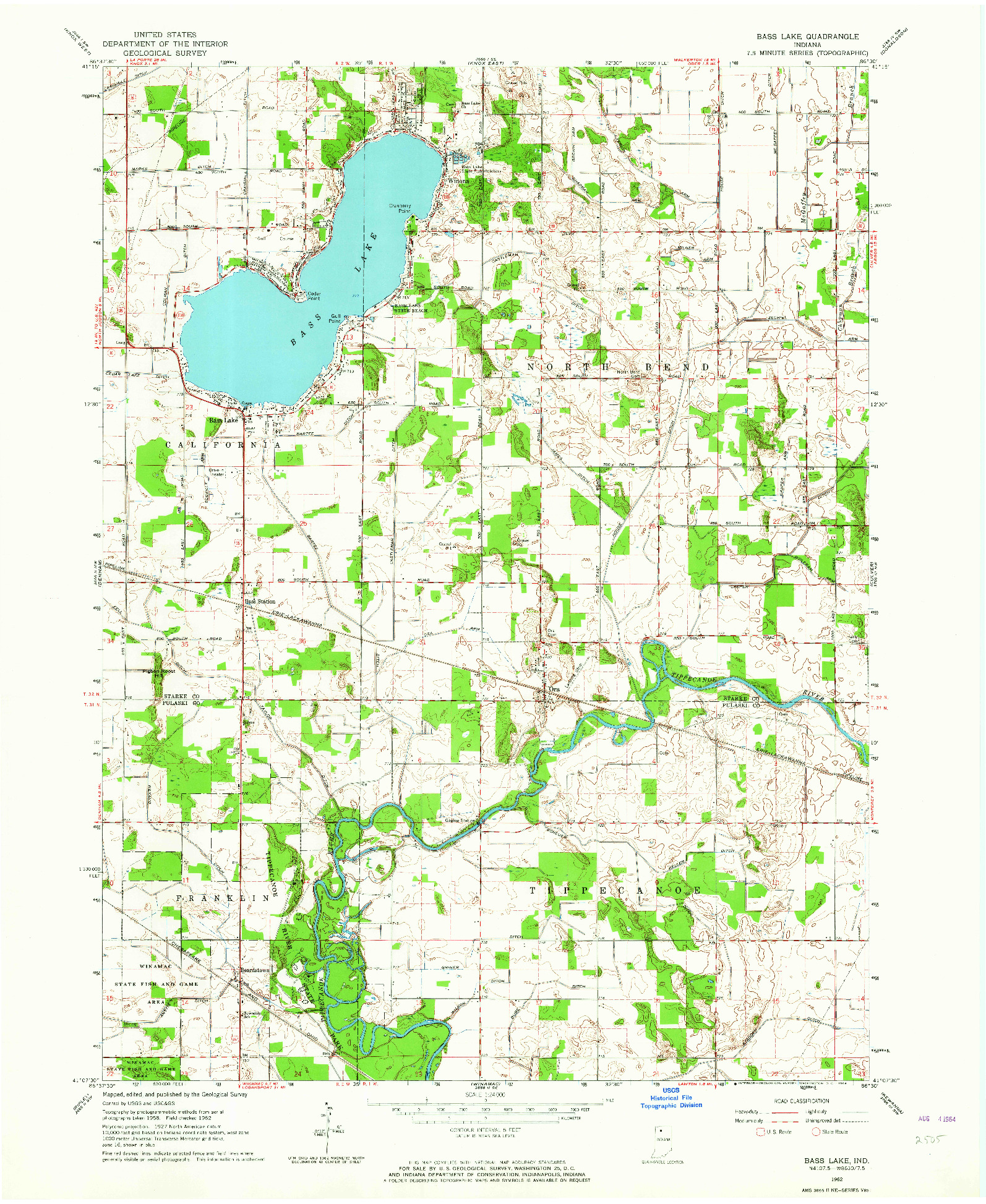 USGS 1:24000-SCALE QUADRANGLE FOR BASS LAKE, IN 1962