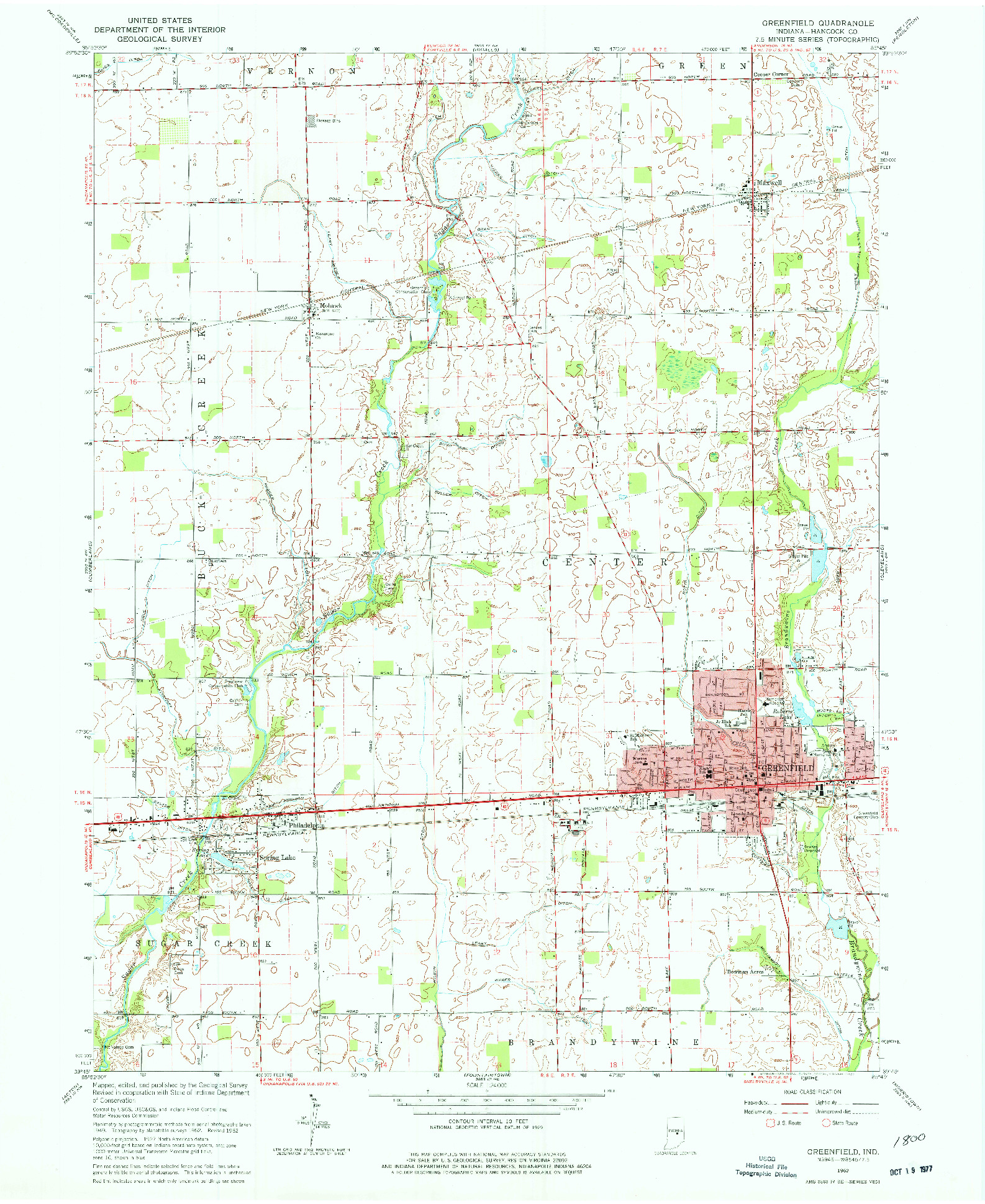 USGS 1:24000-SCALE QUADRANGLE FOR GREENFIELD, IN 1962