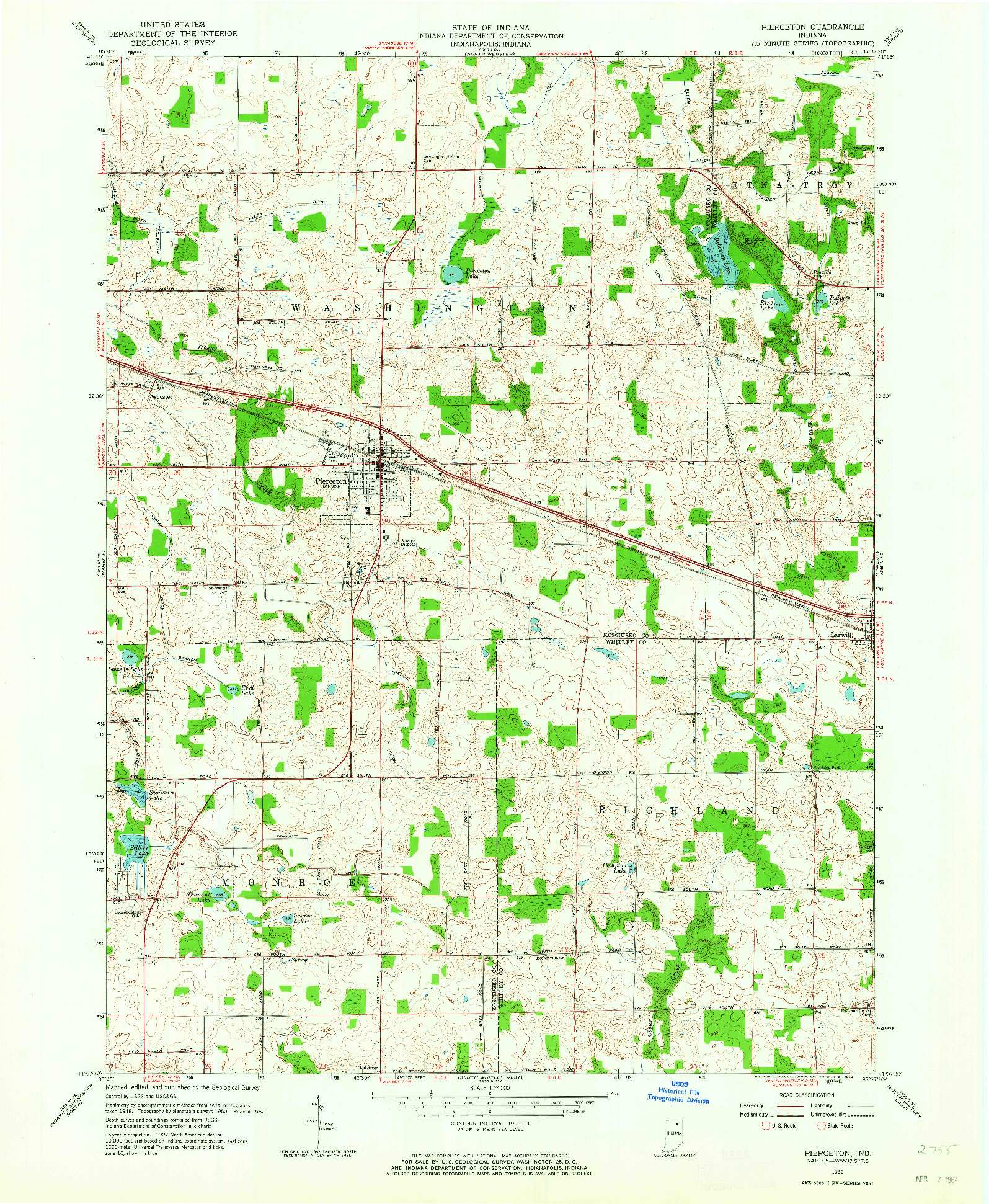 USGS 1:24000-SCALE QUADRANGLE FOR PIERCETON, IN 1962