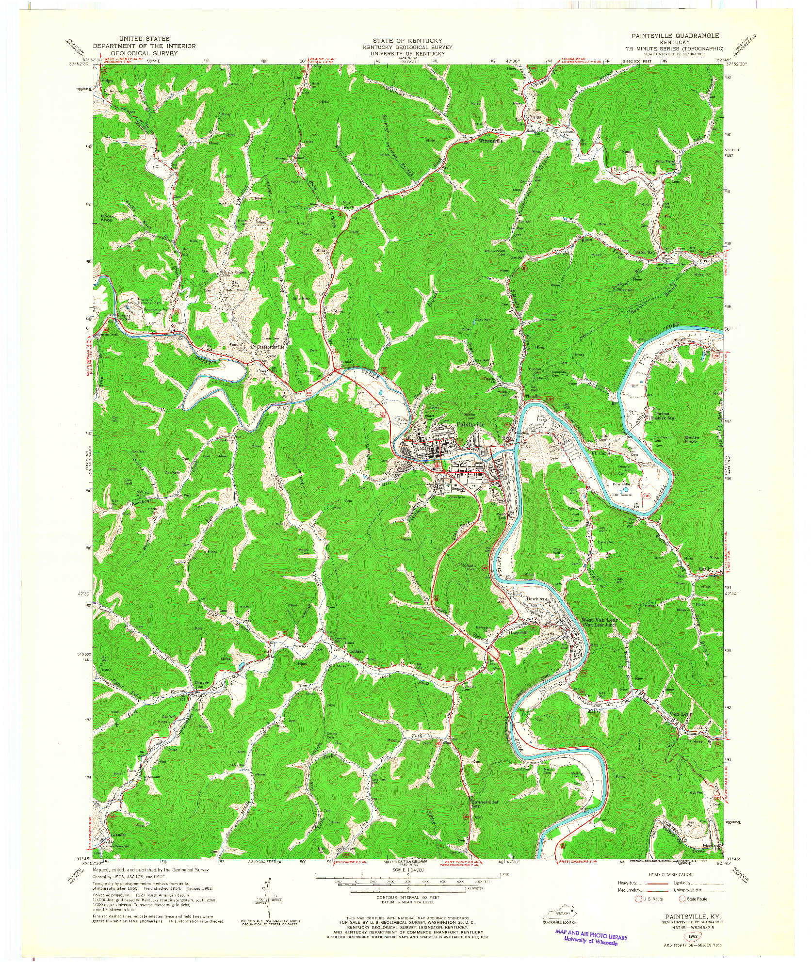 USGS 1:24000-SCALE QUADRANGLE FOR PAINTSVILLE, KY 1962
