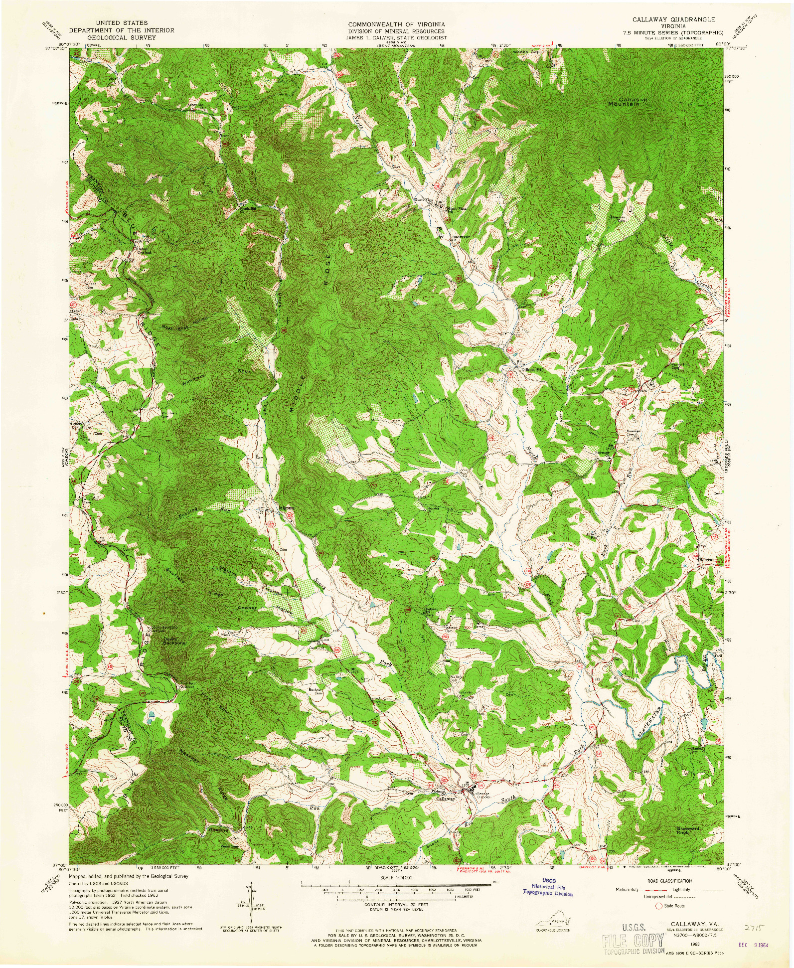 USGS 1:24000-SCALE QUADRANGLE FOR CALLAWAY, VA 1963