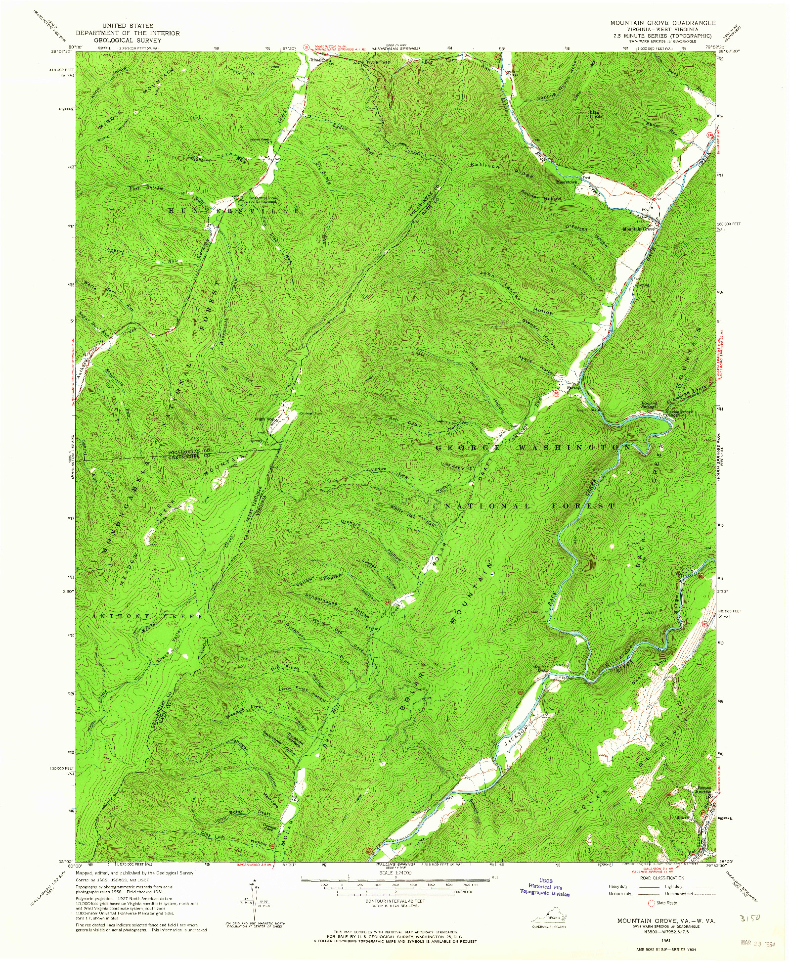 USGS 1:24000-SCALE QUADRANGLE FOR MOUNTAIN GROVE, VA 1961