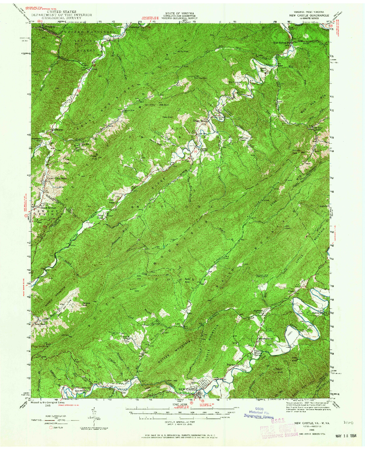 USGS 1:62500-SCALE QUADRANGLE FOR NEW CASTLE, VA 1945