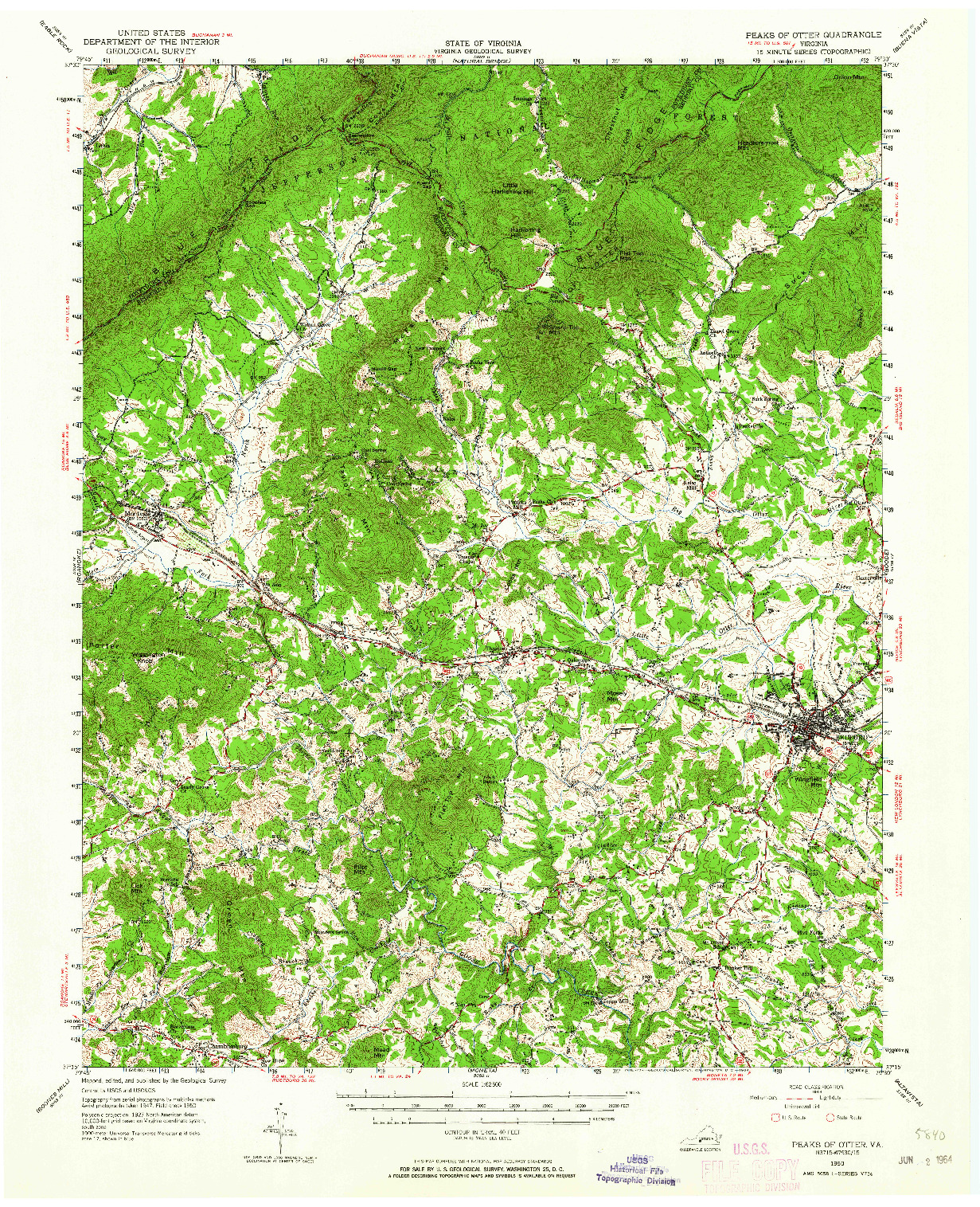 USGS 1:62500-SCALE QUADRANGLE FOR PEAKS OF OTTER, VA 1950