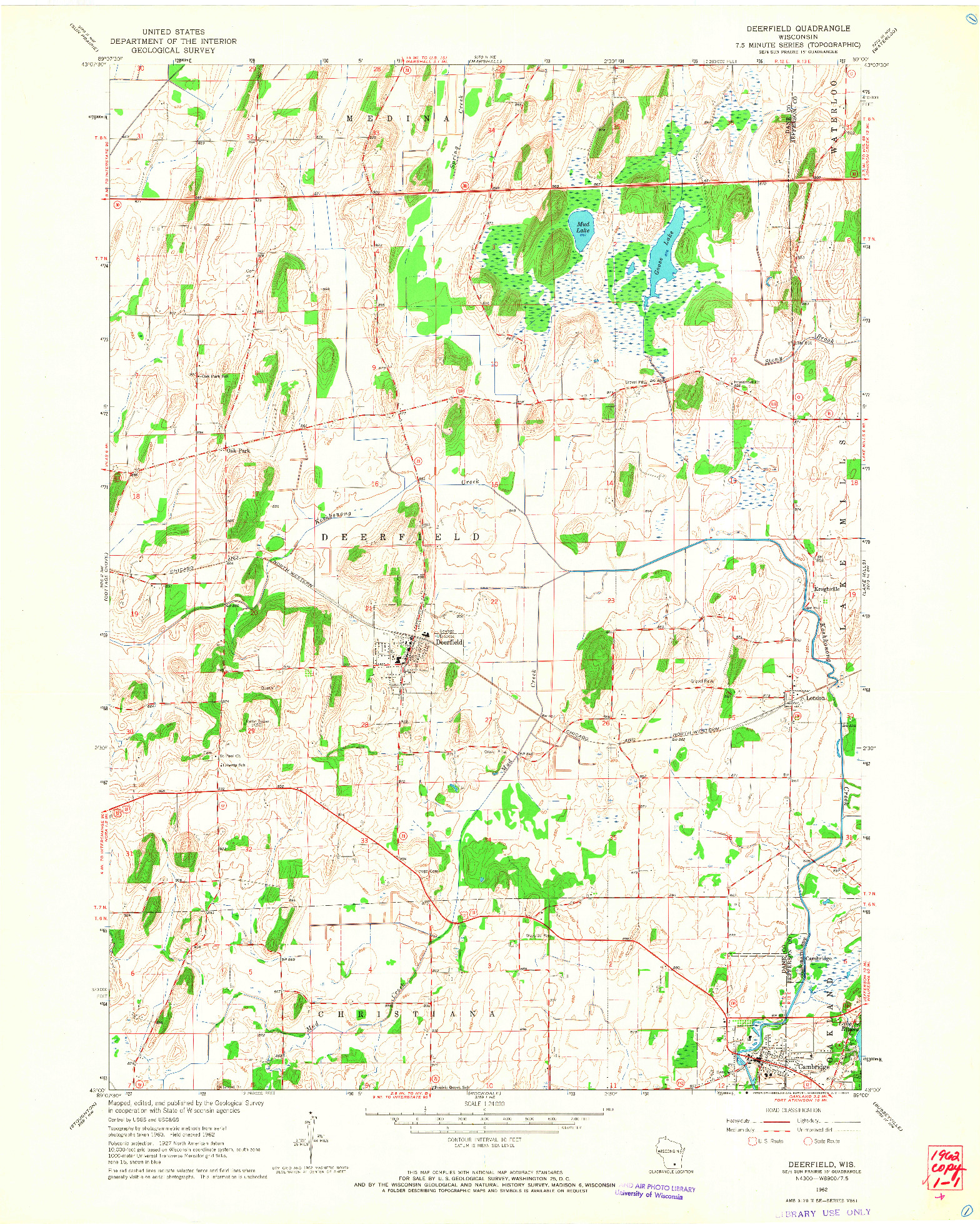 USGS 1:24000-SCALE QUADRANGLE FOR DEERFIELD, WI 1962