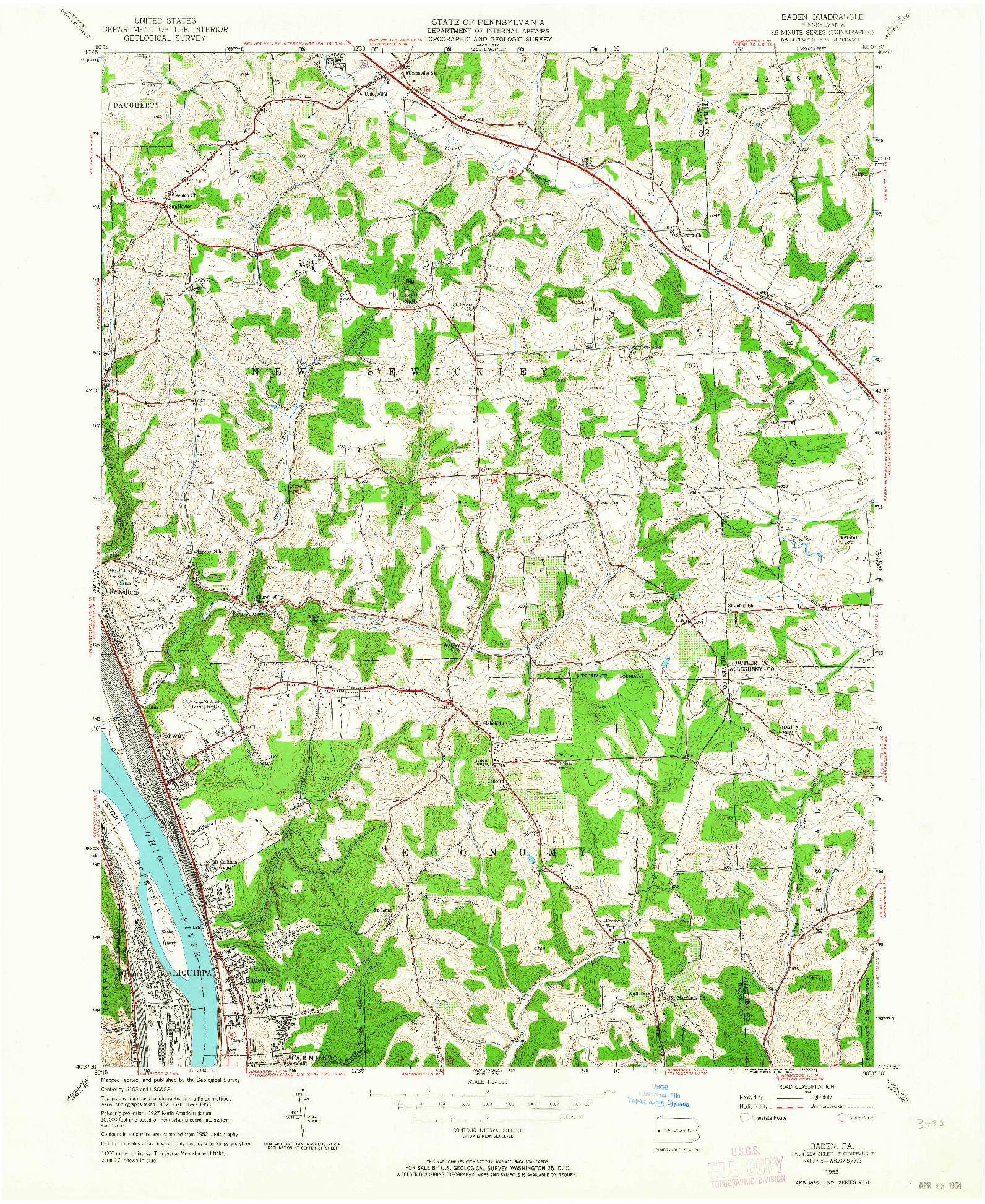 USGS 1:24000-SCALE QUADRANGLE FOR BADEN, PA 1953