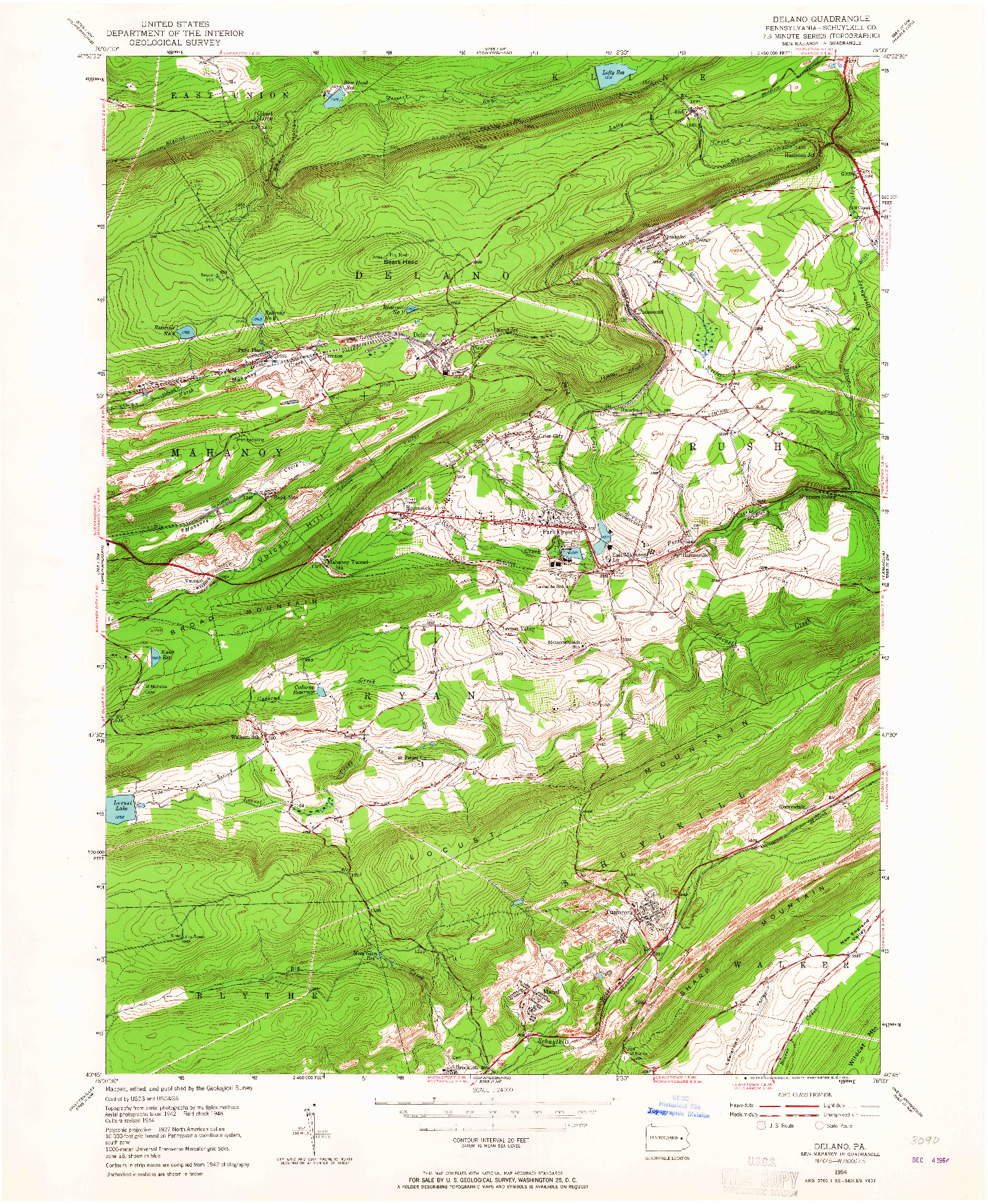 USGS 1:24000-SCALE QUADRANGLE FOR DELANO, PA 1954