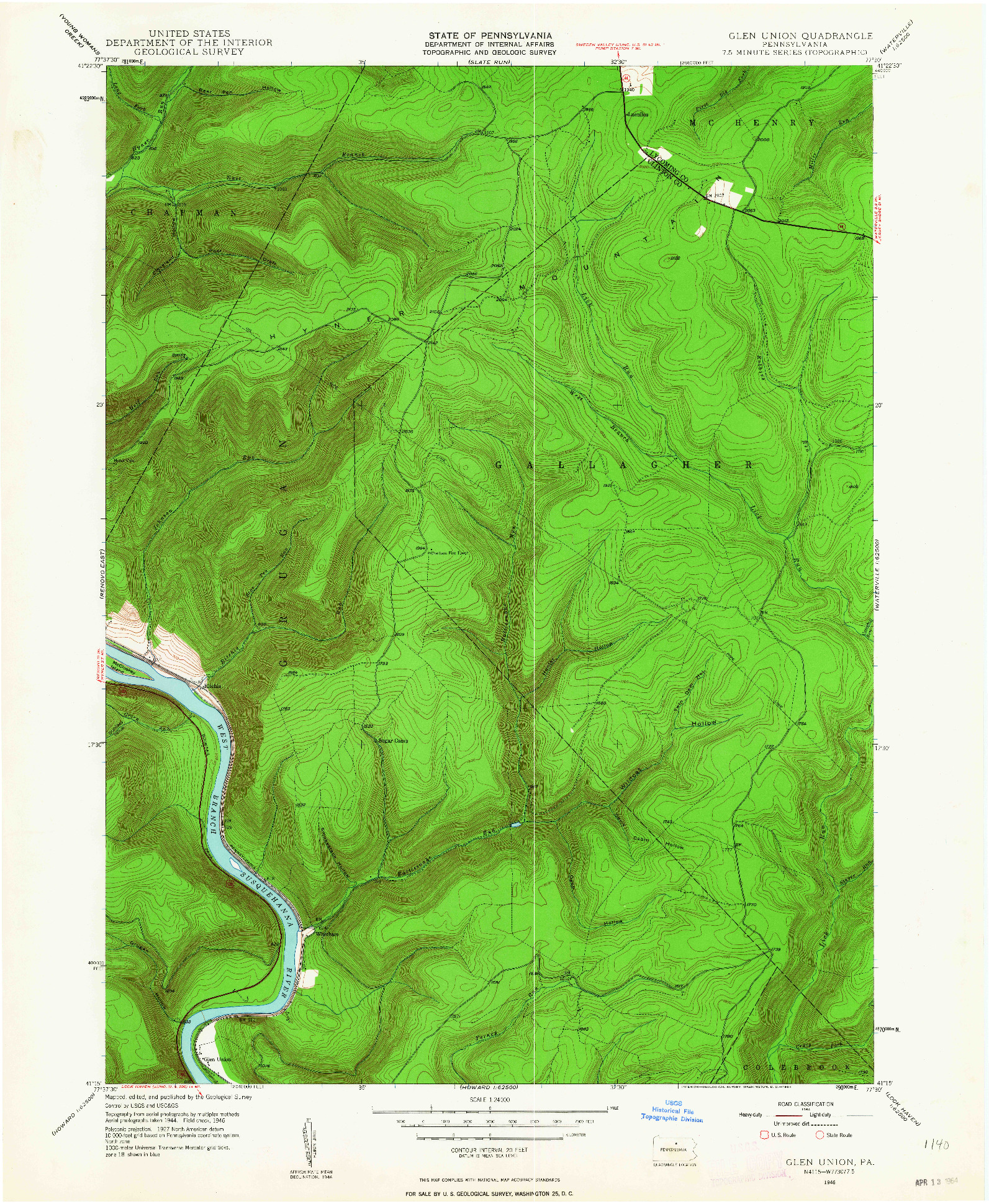 USGS 1:24000-SCALE QUADRANGLE FOR GLEN UNION, PA 1946