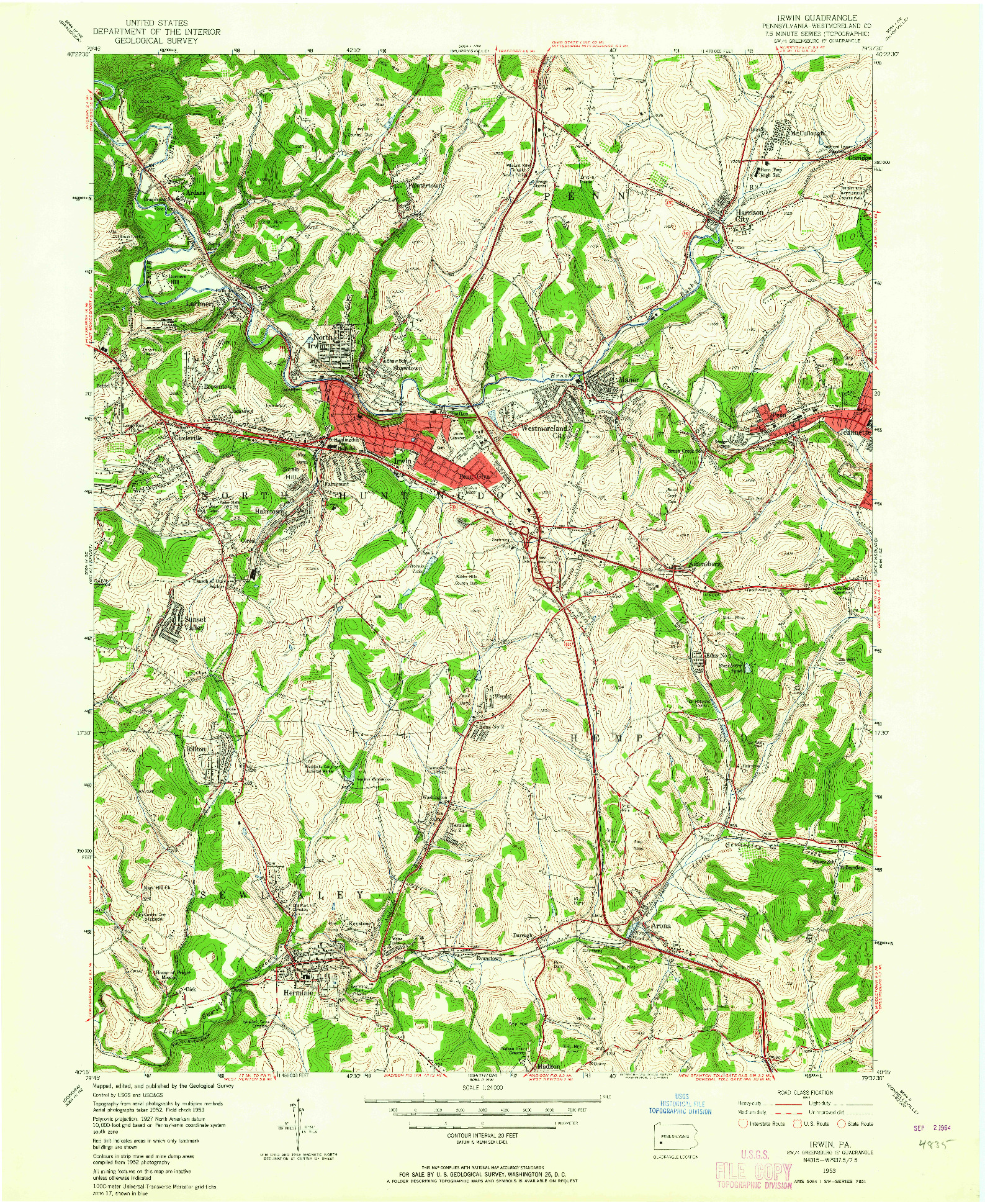 USGS 1:24000-SCALE QUADRANGLE FOR IRWIN, PA 1953