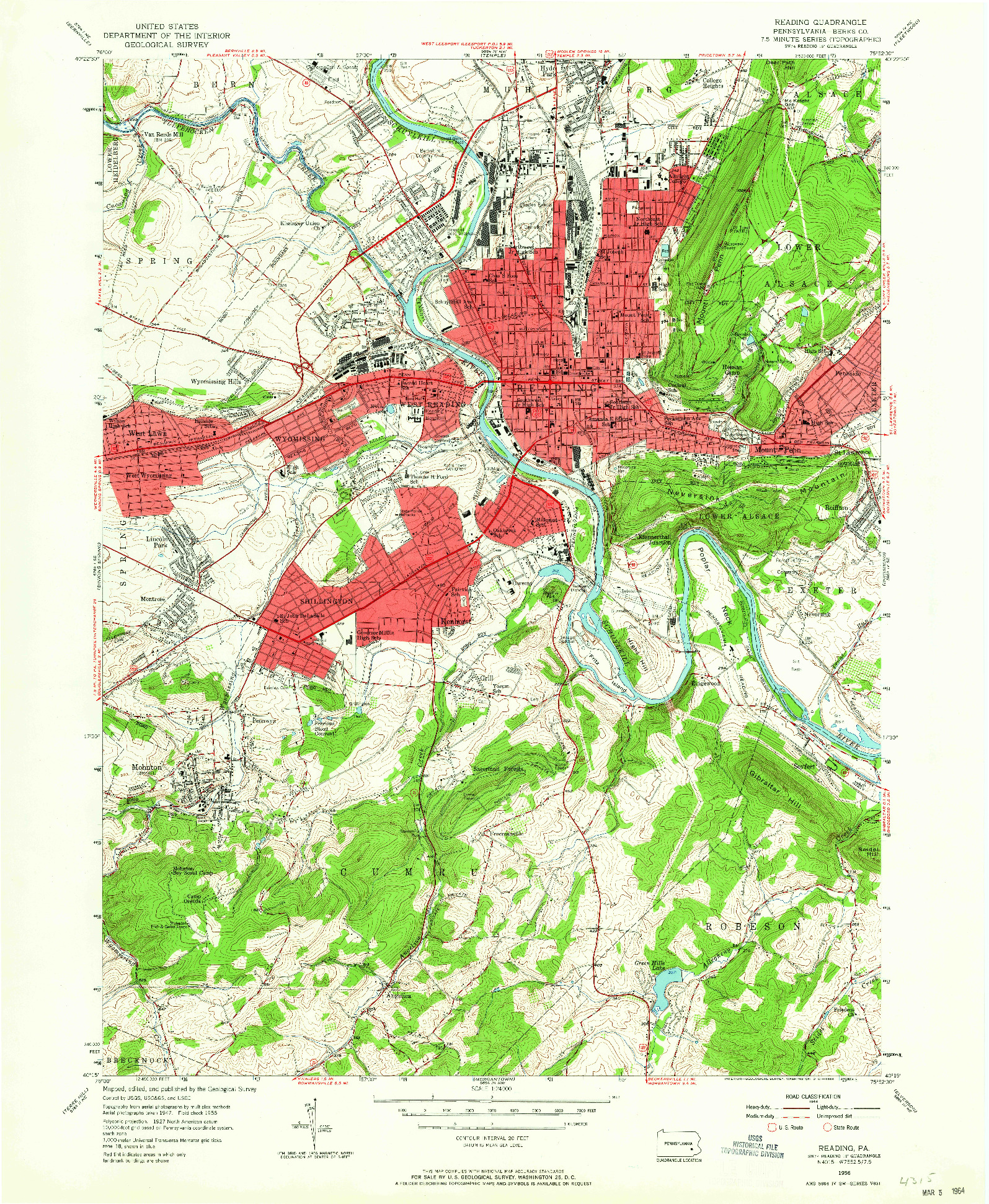 USGS 1:24000-SCALE QUADRANGLE FOR READING, PA 1956