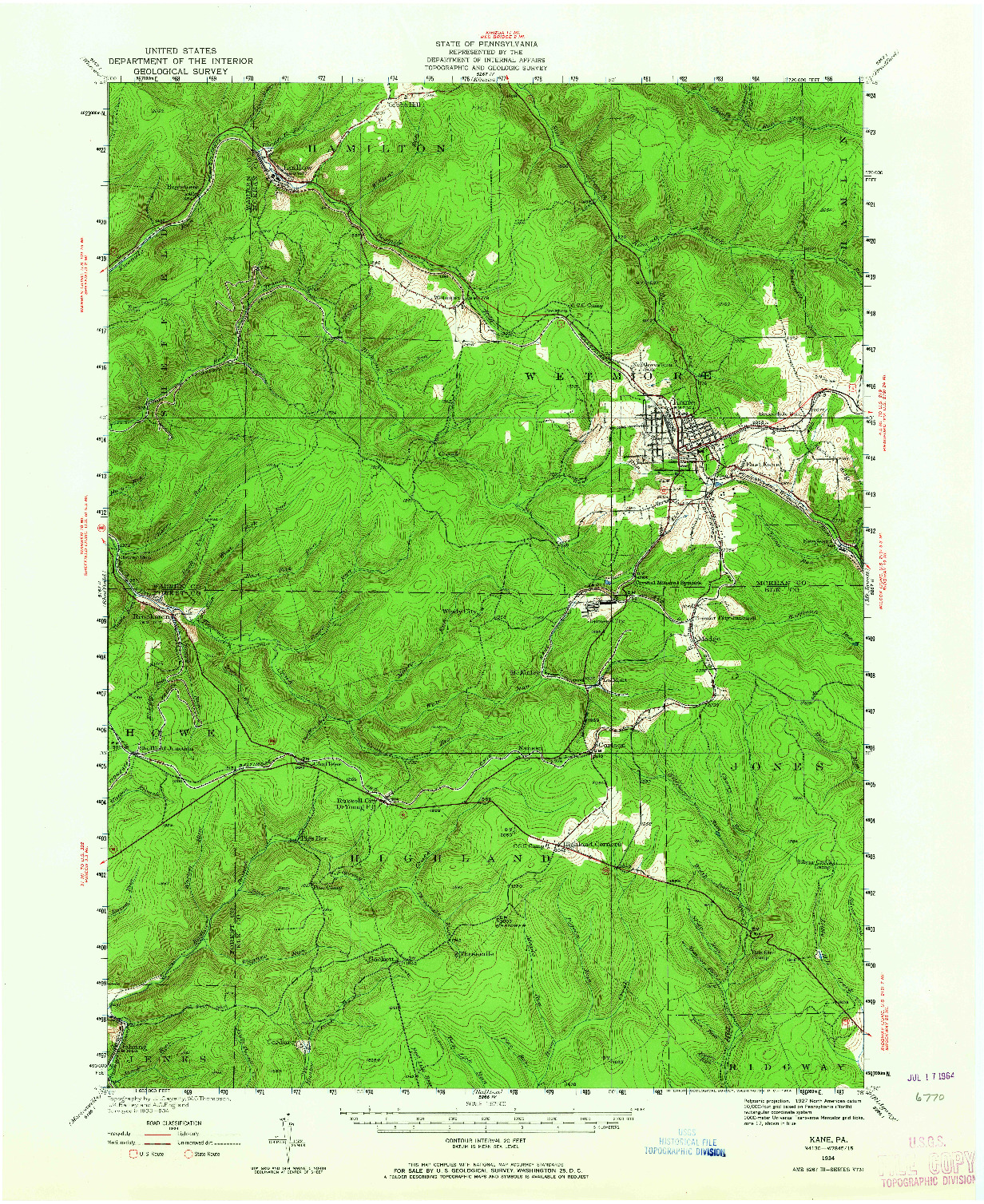 USGS 1:62500-SCALE QUADRANGLE FOR KANE, PA 1934