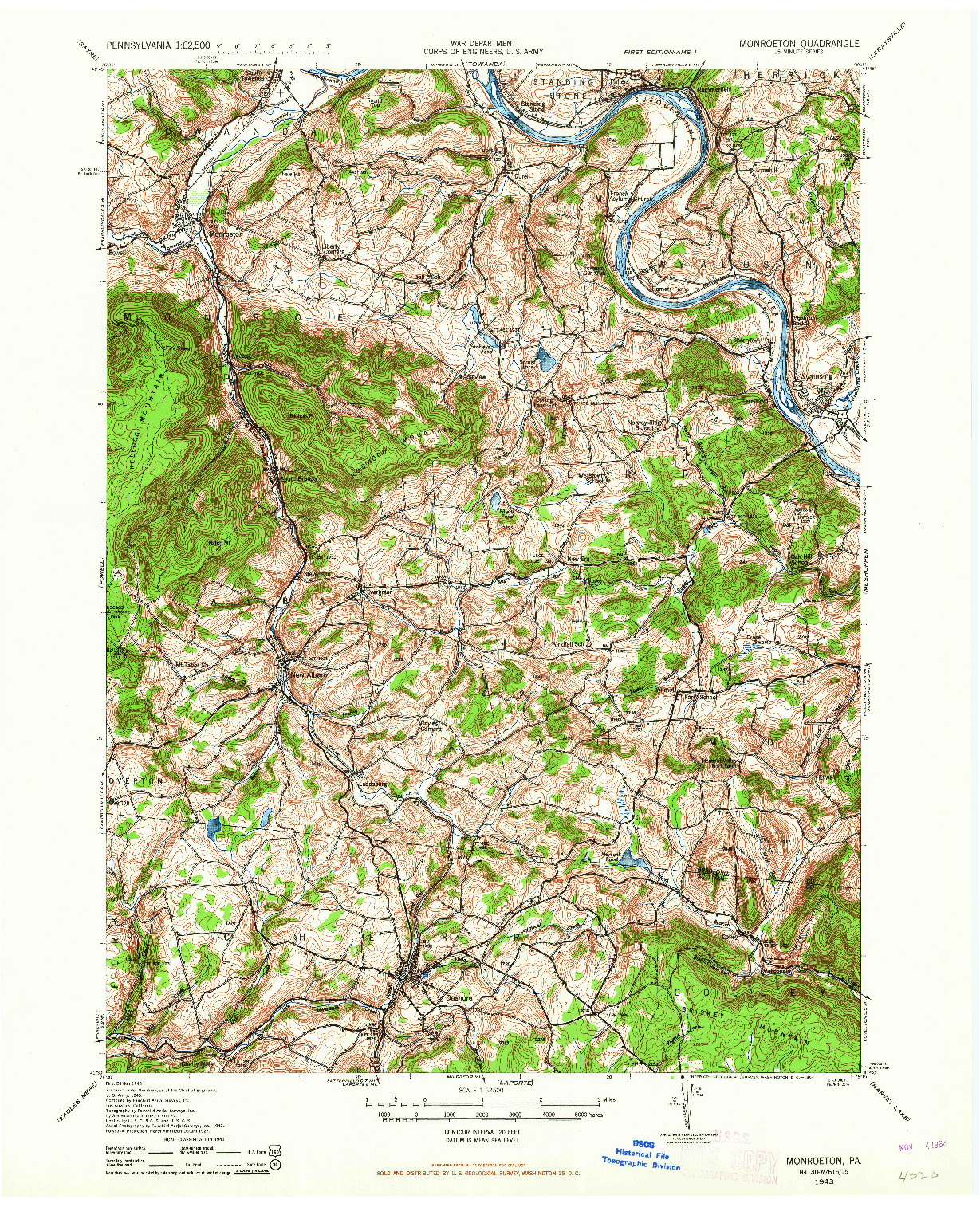 USGS 1:62500-SCALE QUADRANGLE FOR MONROETON, PA 1943