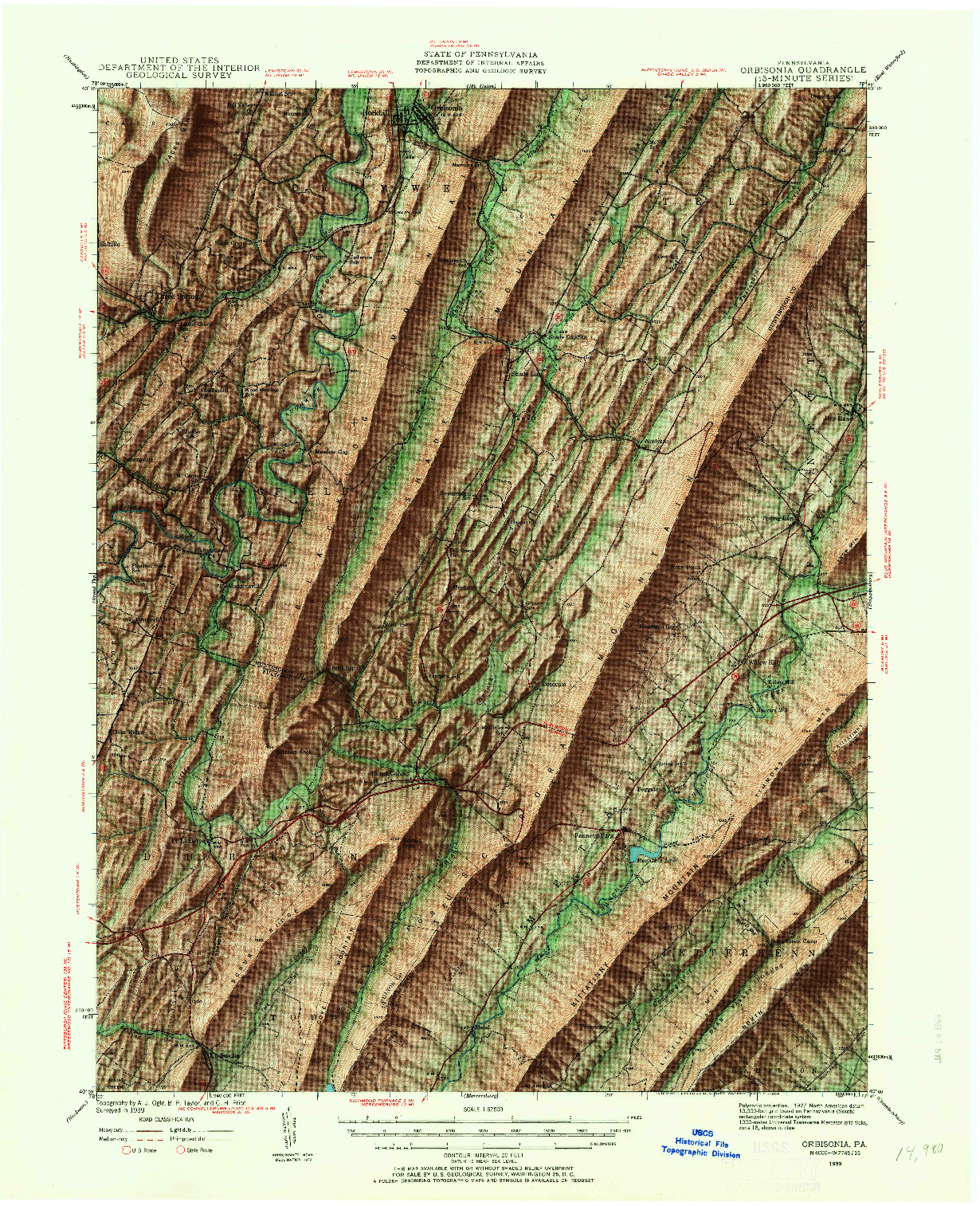 USGS 1:62500-SCALE QUADRANGLE FOR ORBISONIA, PA 1939