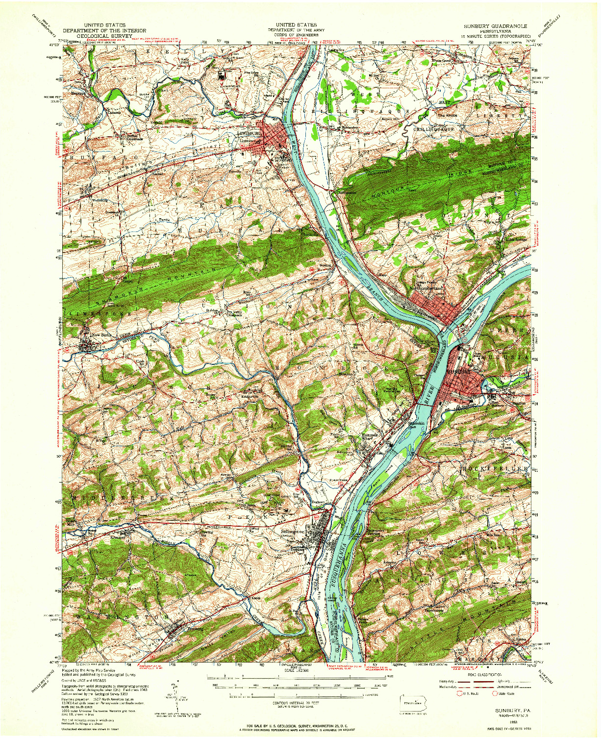 USGS 1:62500-SCALE QUADRANGLE FOR SUNBURY, PA 1953