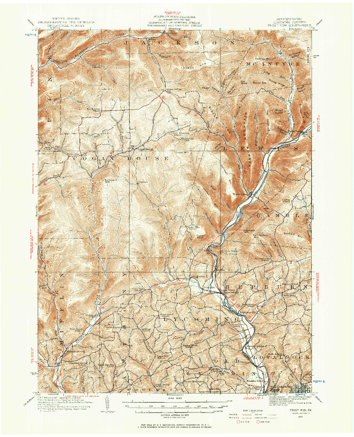 USGS 1:62500-SCALE QUADRANGLE FOR TROUT RUN, PA 1921