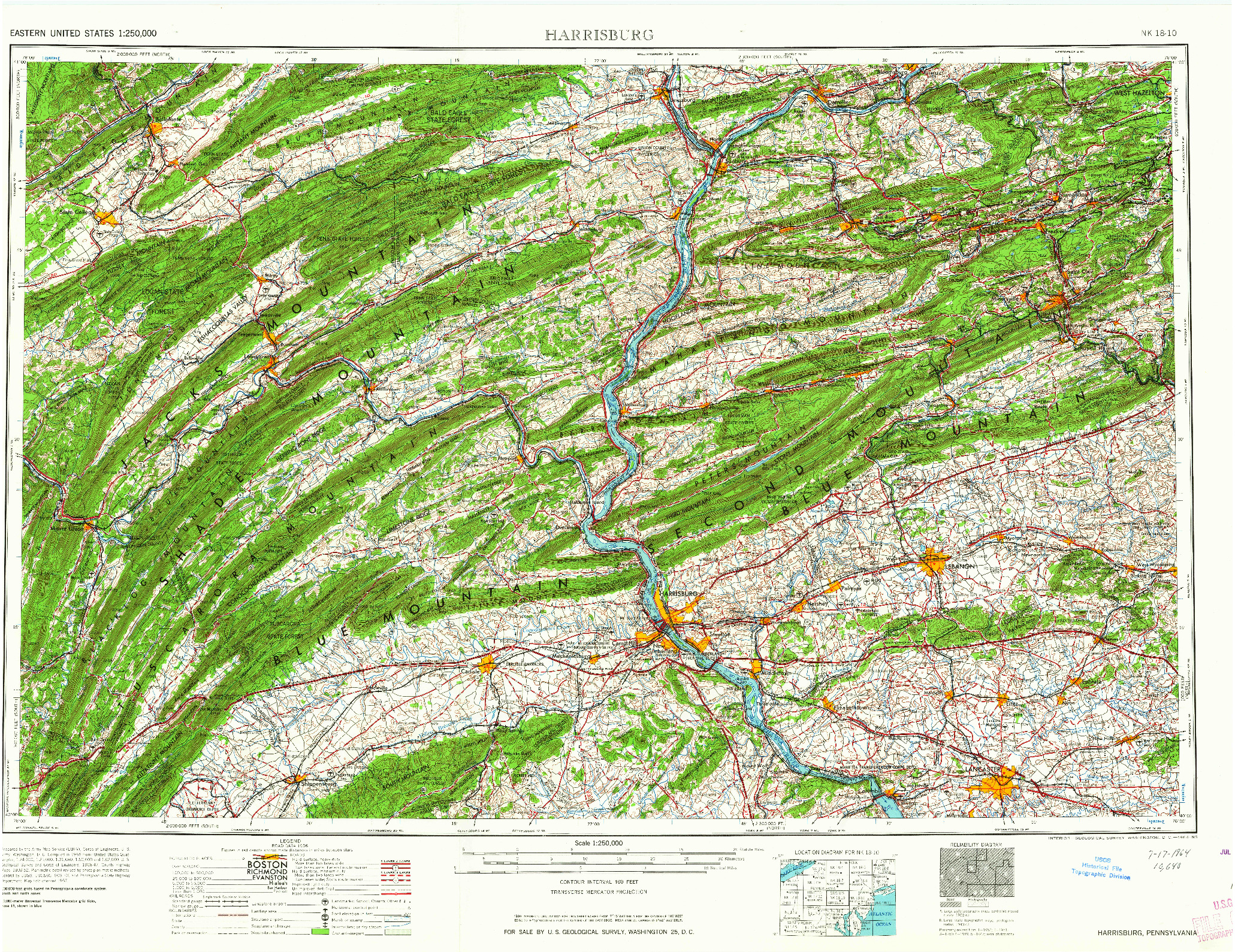 USGS 1:250000-SCALE QUADRANGLE FOR HARRISBURG, PA 1964