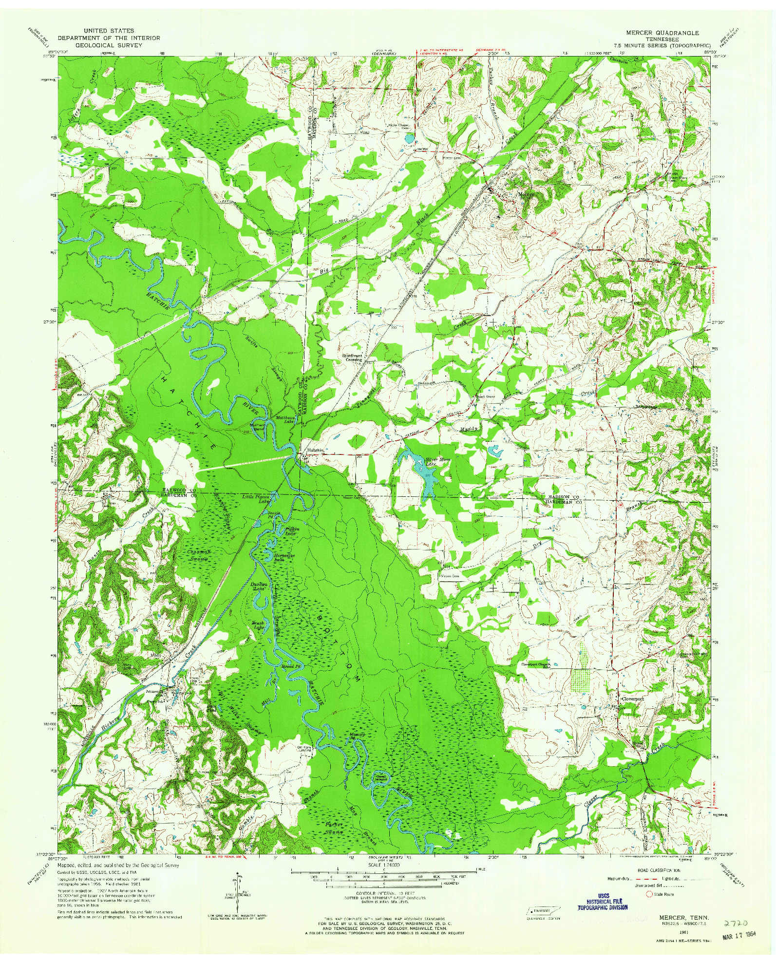 USGS 1:24000-SCALE QUADRANGLE FOR MERCER, TN 1961