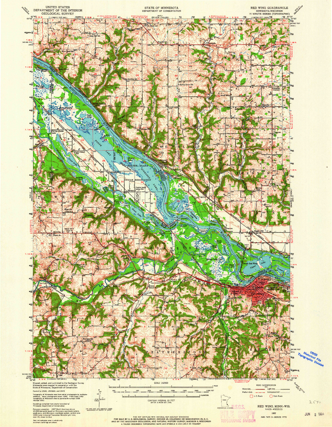 USGS 1:62500-SCALE QUADRANGLE FOR RED WING, MN 1952