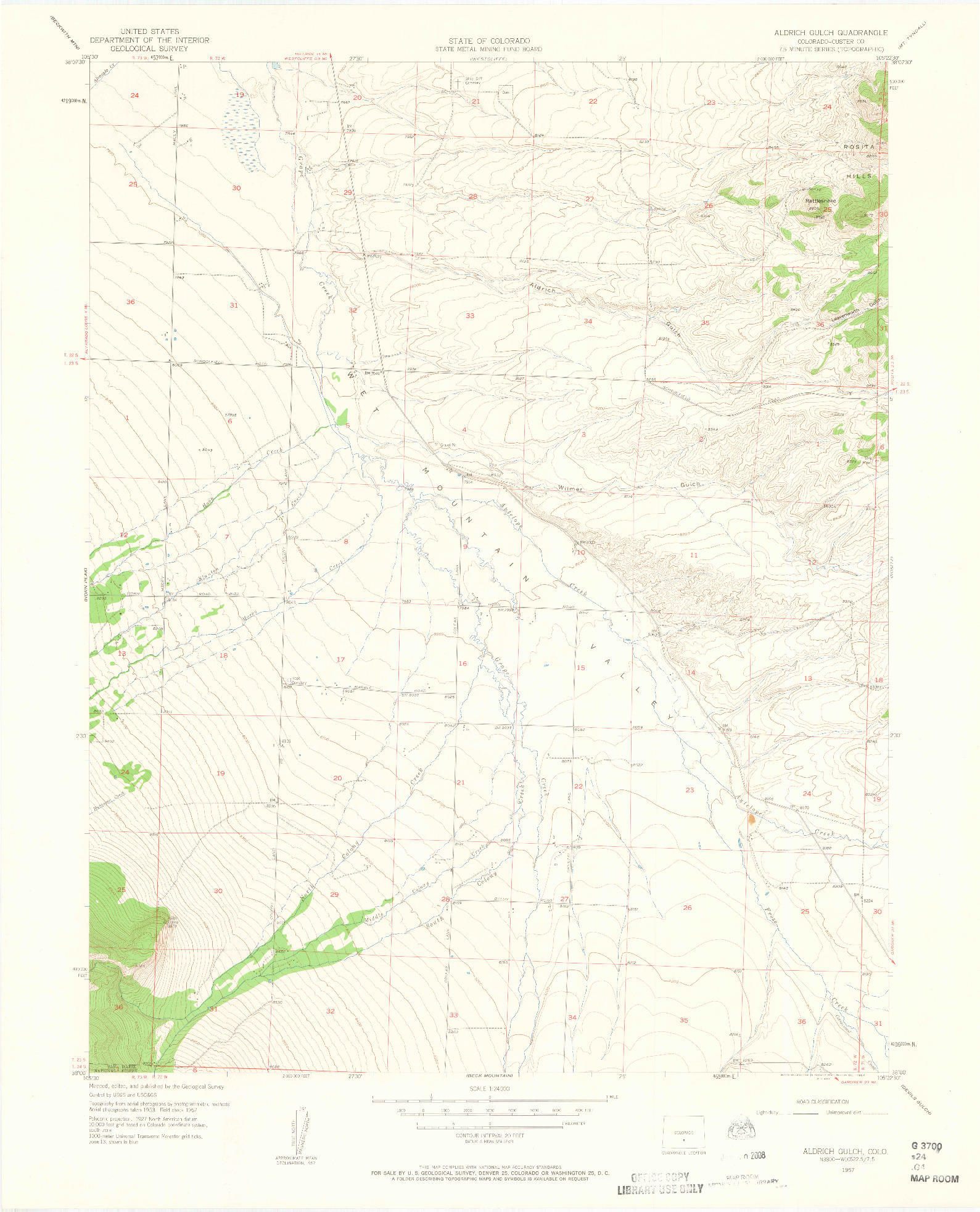 USGS 1:24000-SCALE QUADRANGLE FOR ALDRICH GULCH, CO 1957