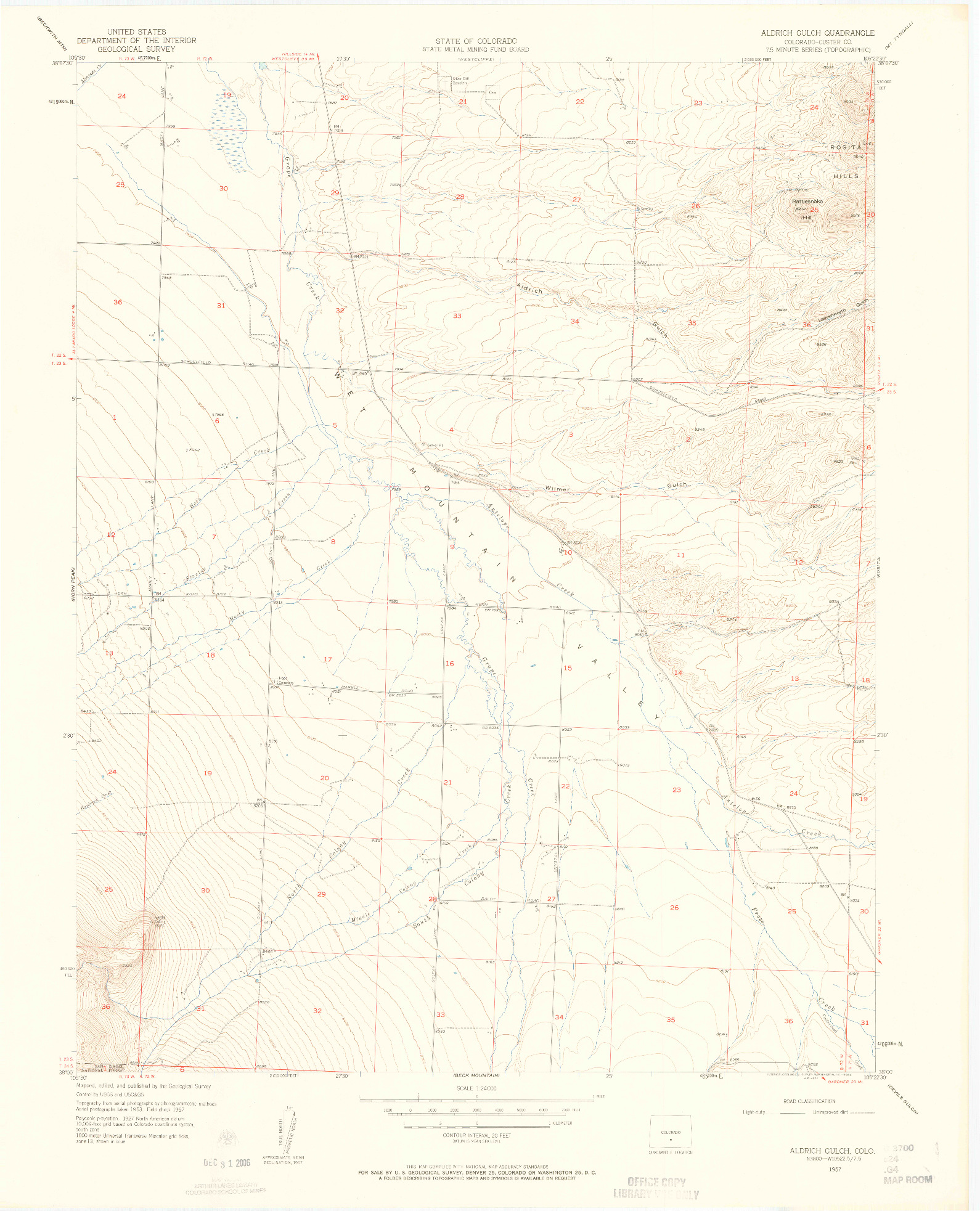 USGS 1:24000-SCALE QUADRANGLE FOR ALDRICH GULCH, CO 1957