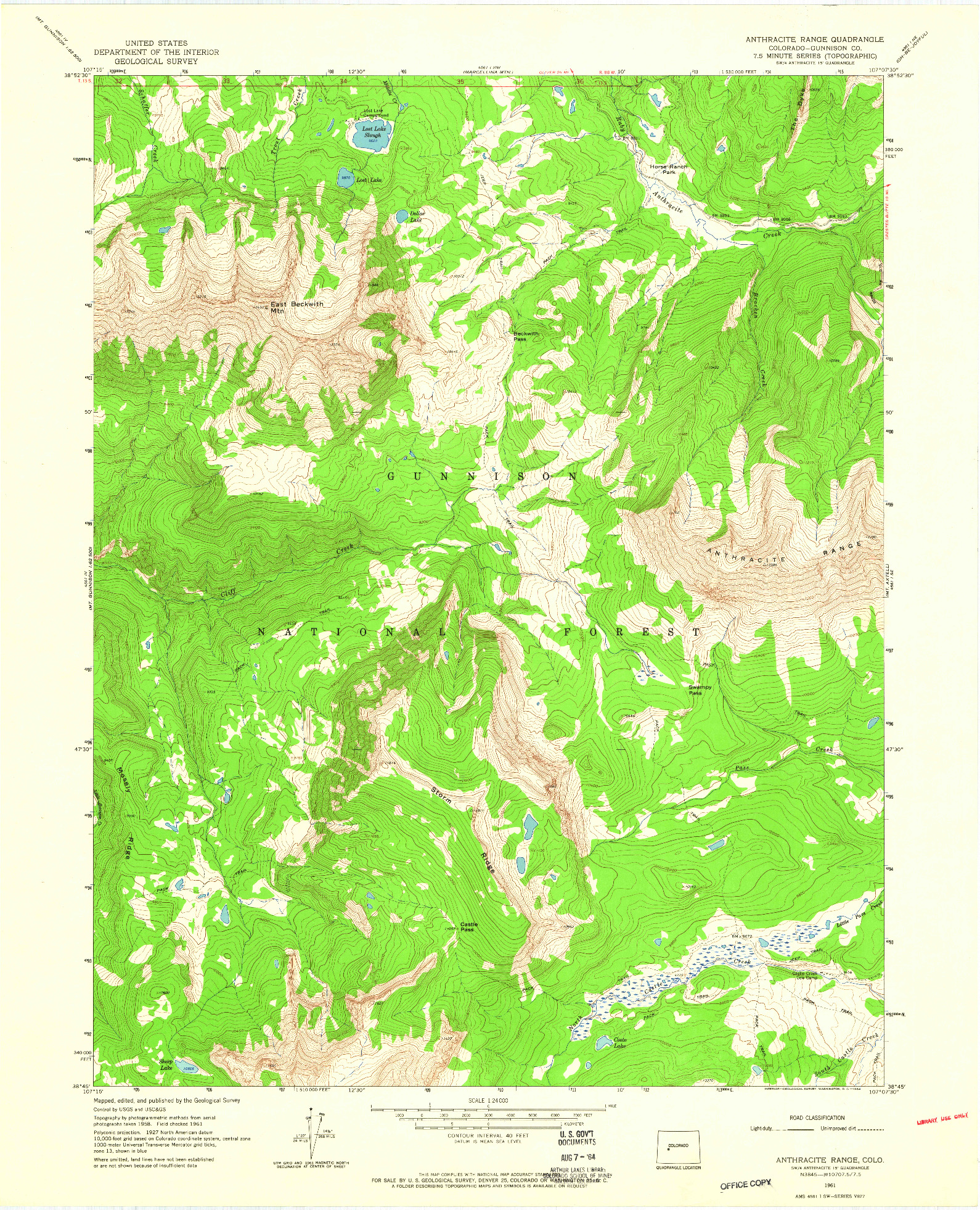 USGS 1:24000-SCALE QUADRANGLE FOR ANTHRACITE RANGE, CO 1961