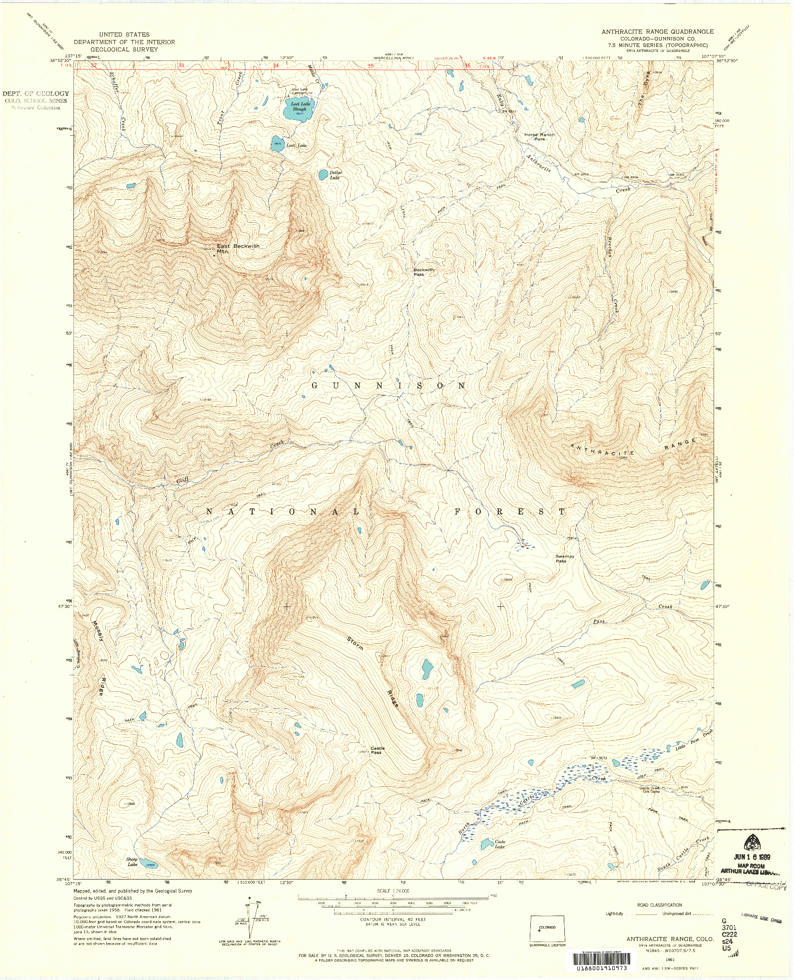 USGS 1:24000-SCALE QUADRANGLE FOR ANTHRACITE RANGE, CO 1961