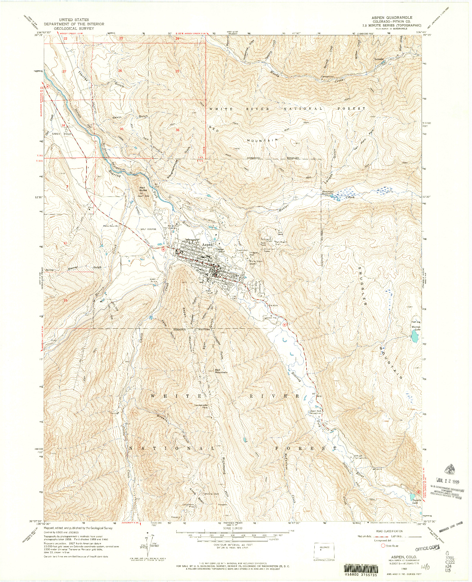 USGS 1:24000-SCALE QUADRANGLE FOR ASPEN, CO 1960