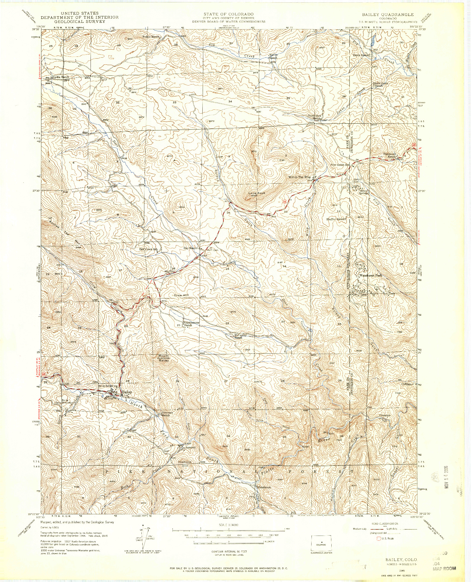 USGS 1:24000-SCALE QUADRANGLE FOR BAILEY, CO 1945