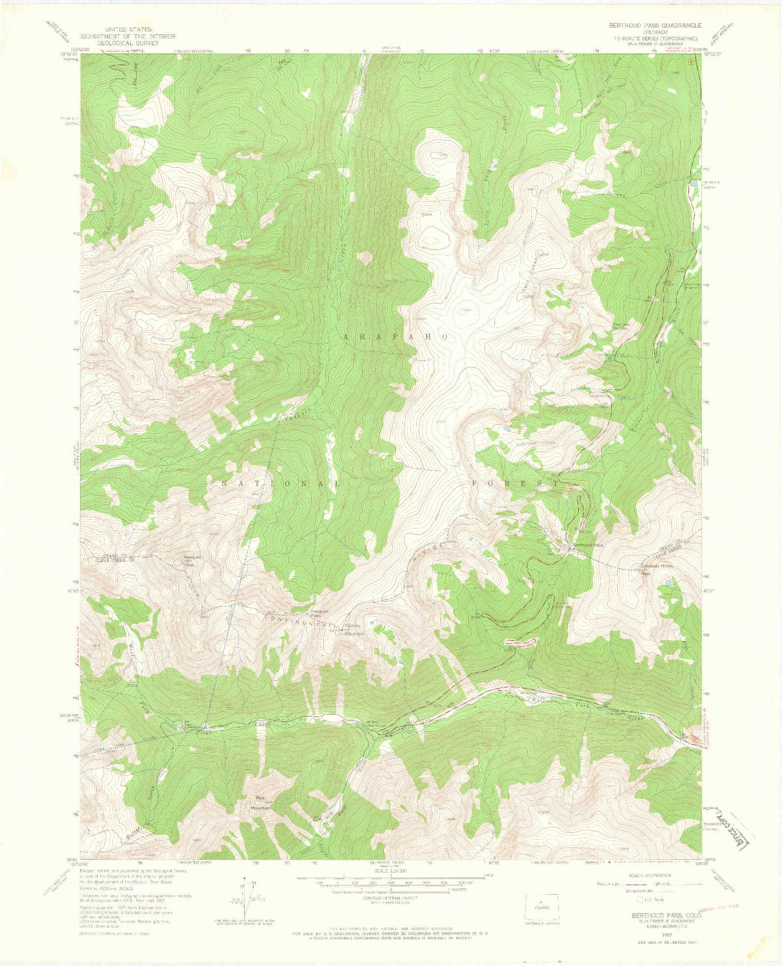 USGS 1:24000-SCALE QUADRANGLE FOR BERTHOUD PASS, CO 1957