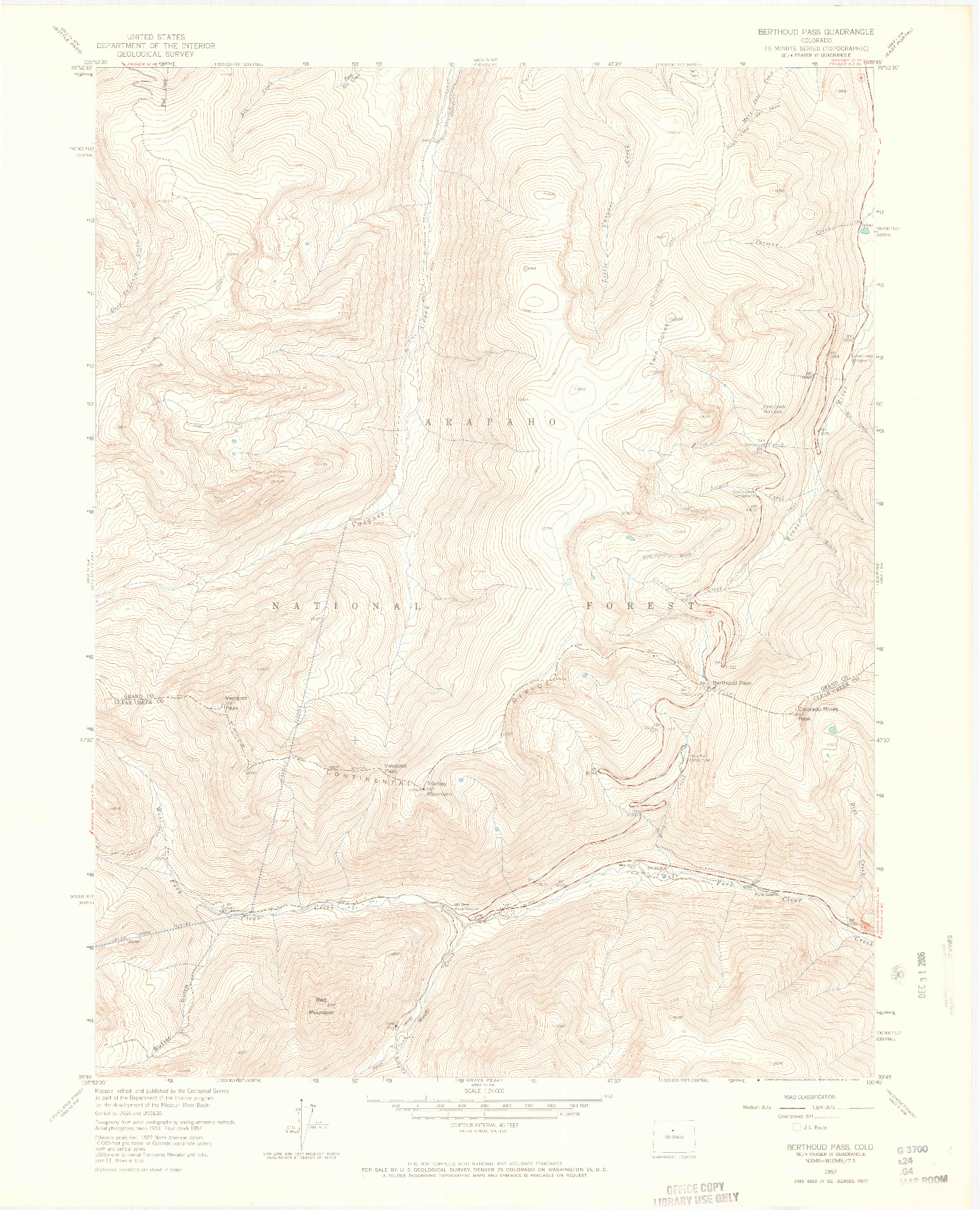 USGS 1:24000-SCALE QUADRANGLE FOR BERTHOUD PASS, CO 1957