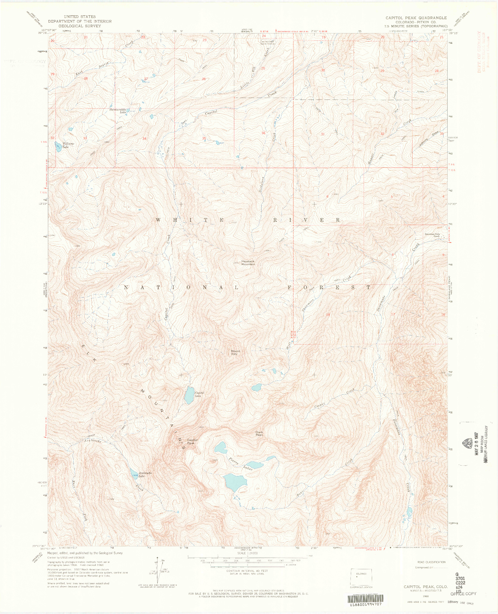 USGS 1:24000-SCALE QUADRANGLE FOR CAPITOL PEAK, CO 1960