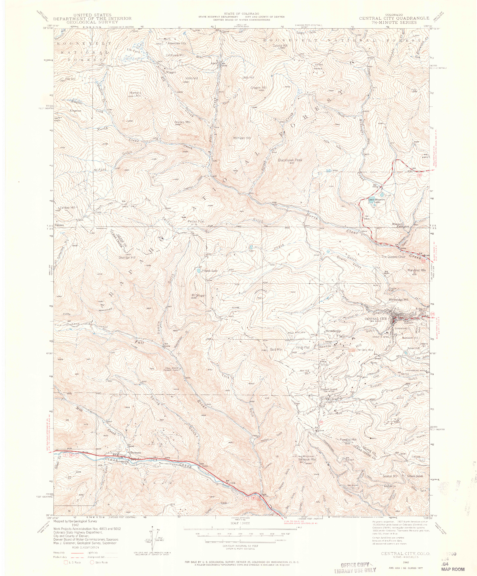 USGS 1:24000-SCALE QUADRANGLE FOR CENTRAL CITY, CO 1942