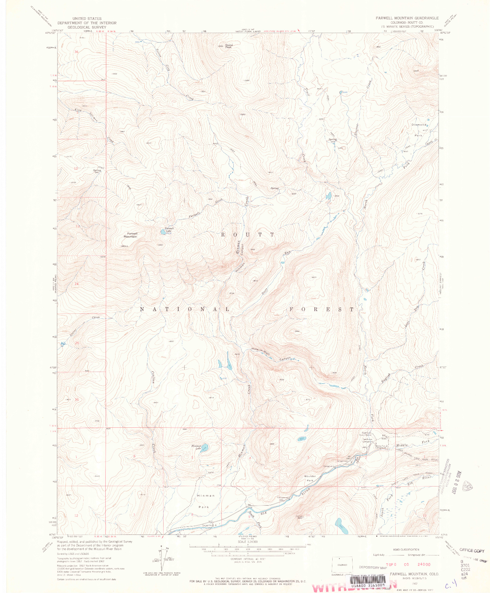 USGS 1:24000-SCALE QUADRANGLE FOR FARWELL MOUNTAIN, CO 1962