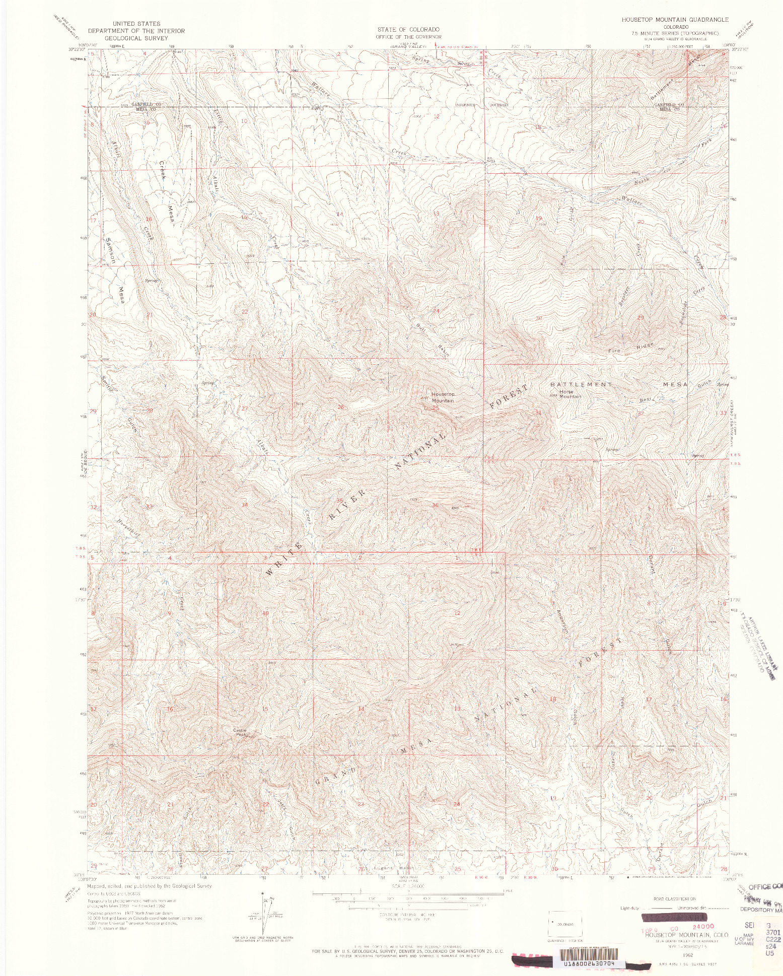 USGS 1:24000-SCALE QUADRANGLE FOR HOUSETOP MOUNTAIN, CO 1962