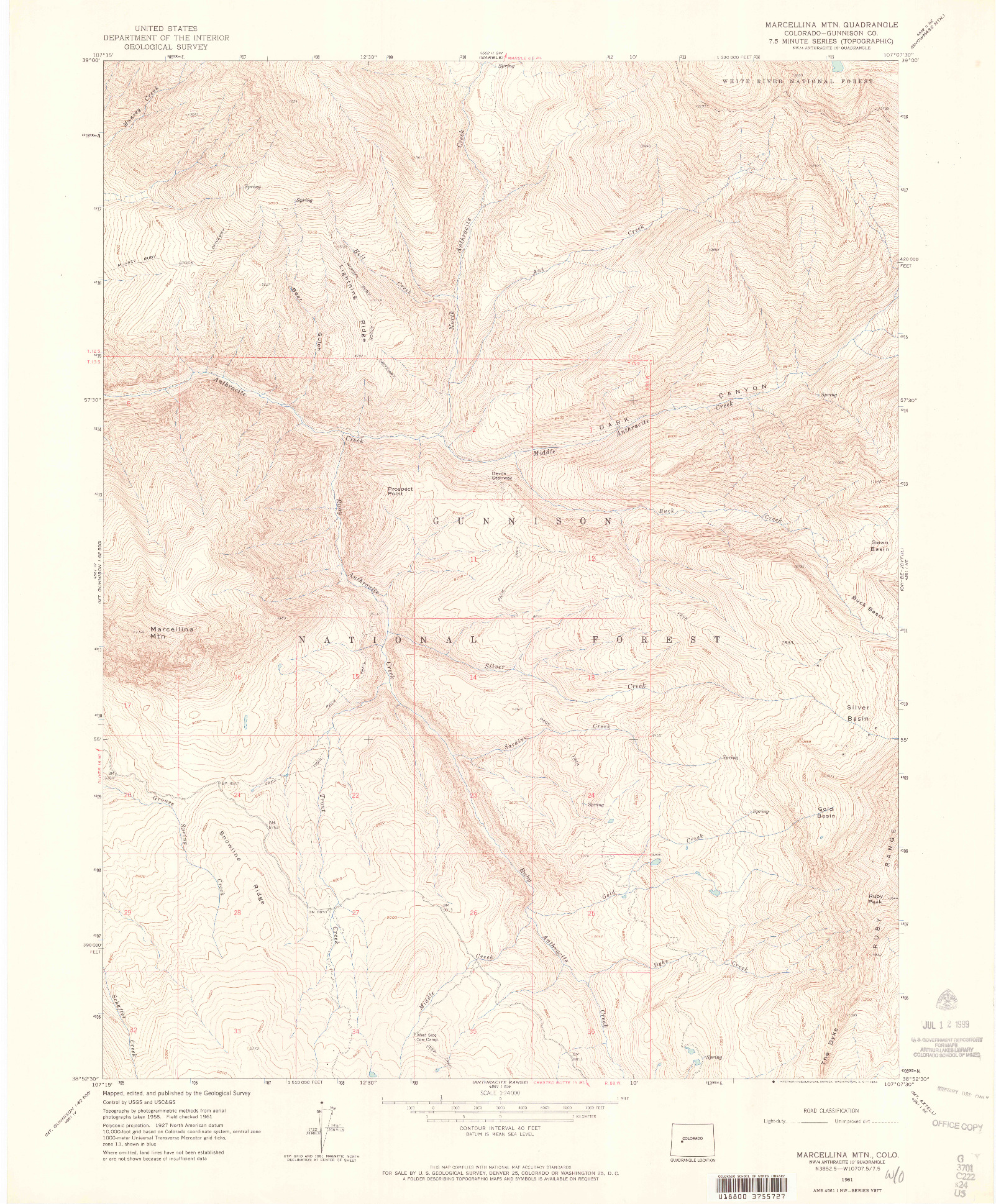 USGS 1:24000-SCALE QUADRANGLE FOR MARCELLINA MOUNTAIN, CO 1961