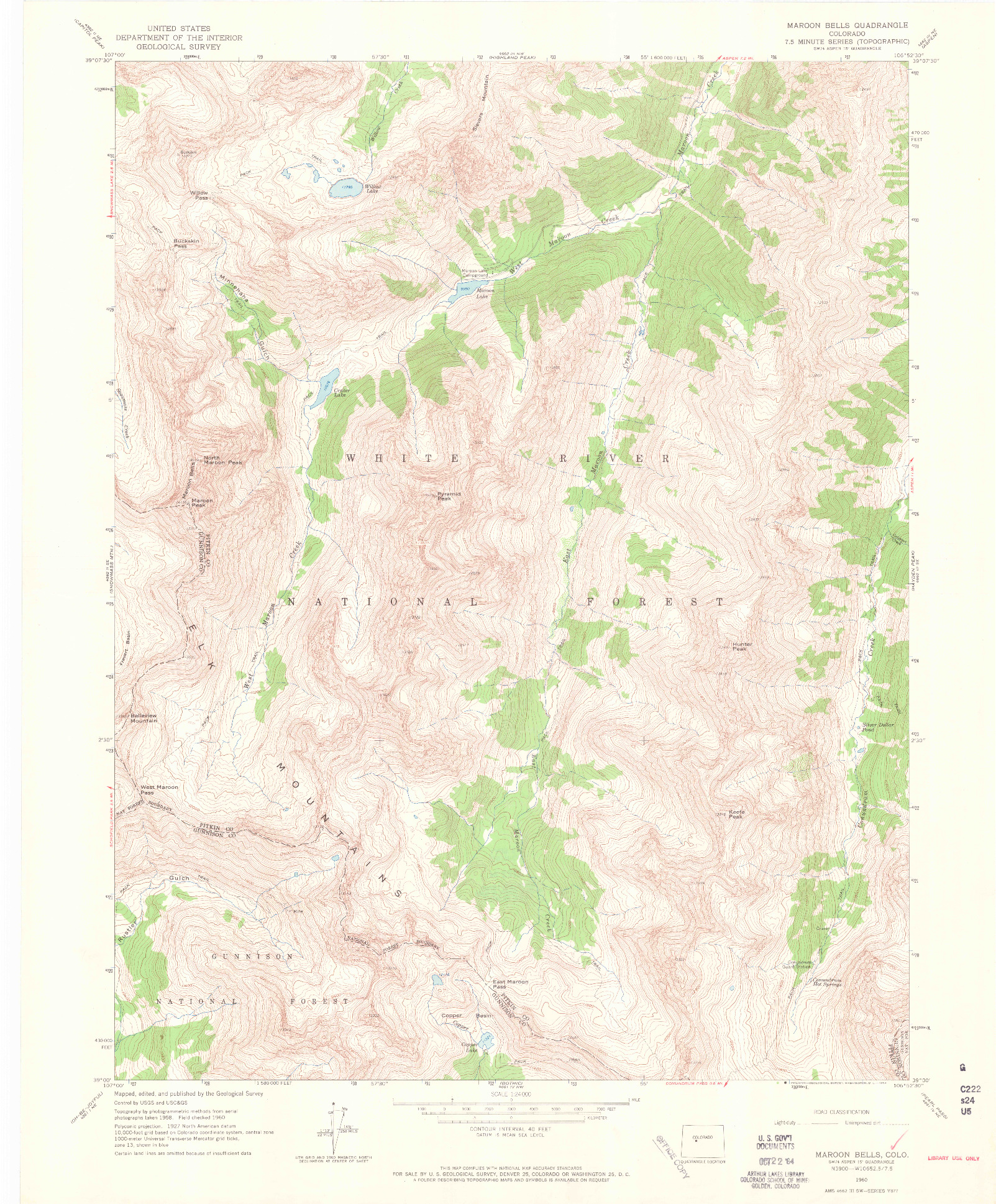 USGS 1:24000-SCALE QUADRANGLE FOR MAROON BELLS, CO 1960