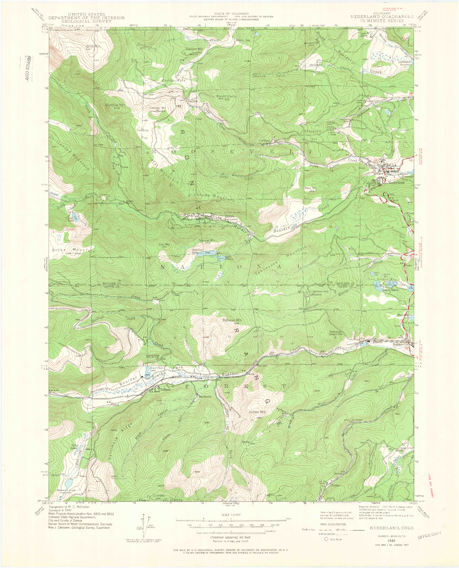 USGS 1:24000-SCALE QUADRANGLE FOR NEDERLAND, CO 1942