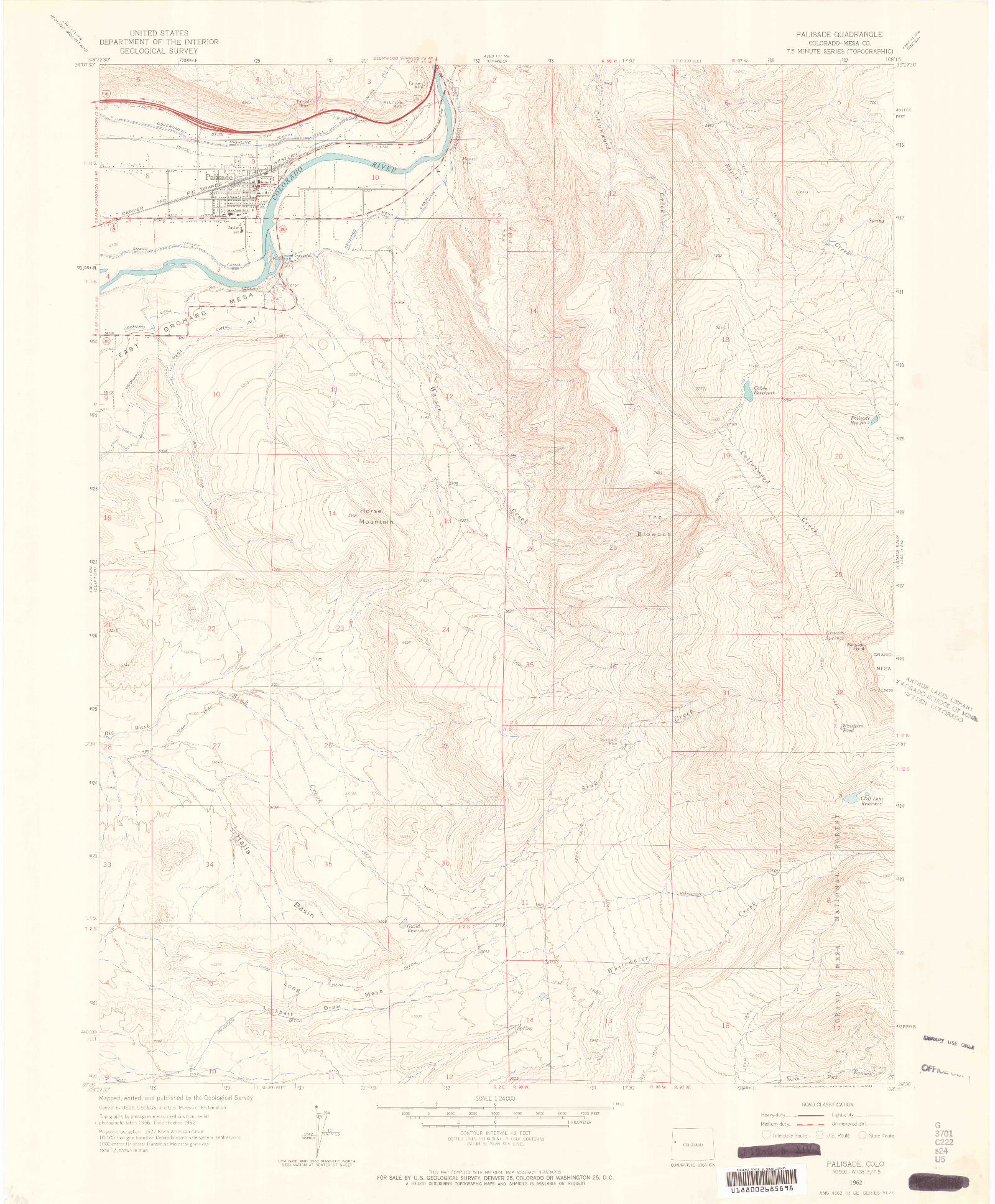 USGS 1:24000-SCALE QUADRANGLE FOR PALISADE, CO 1962