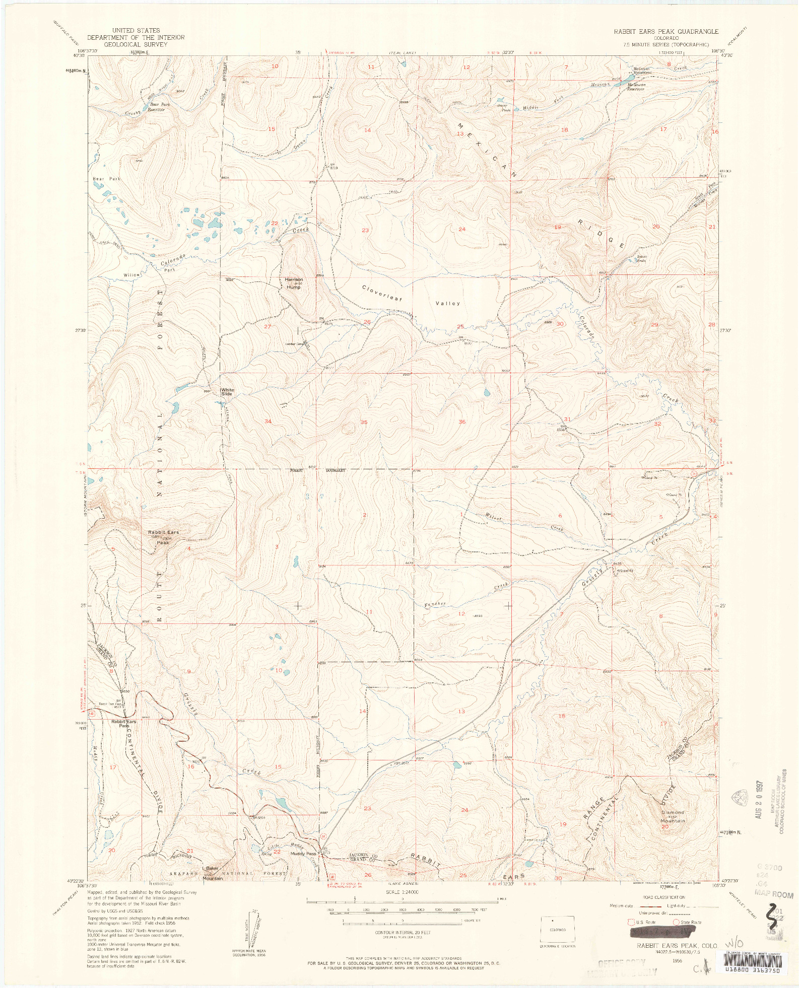 USGS 1:24000-SCALE QUADRANGLE FOR RABBIT EARS PEAK, CO 1956