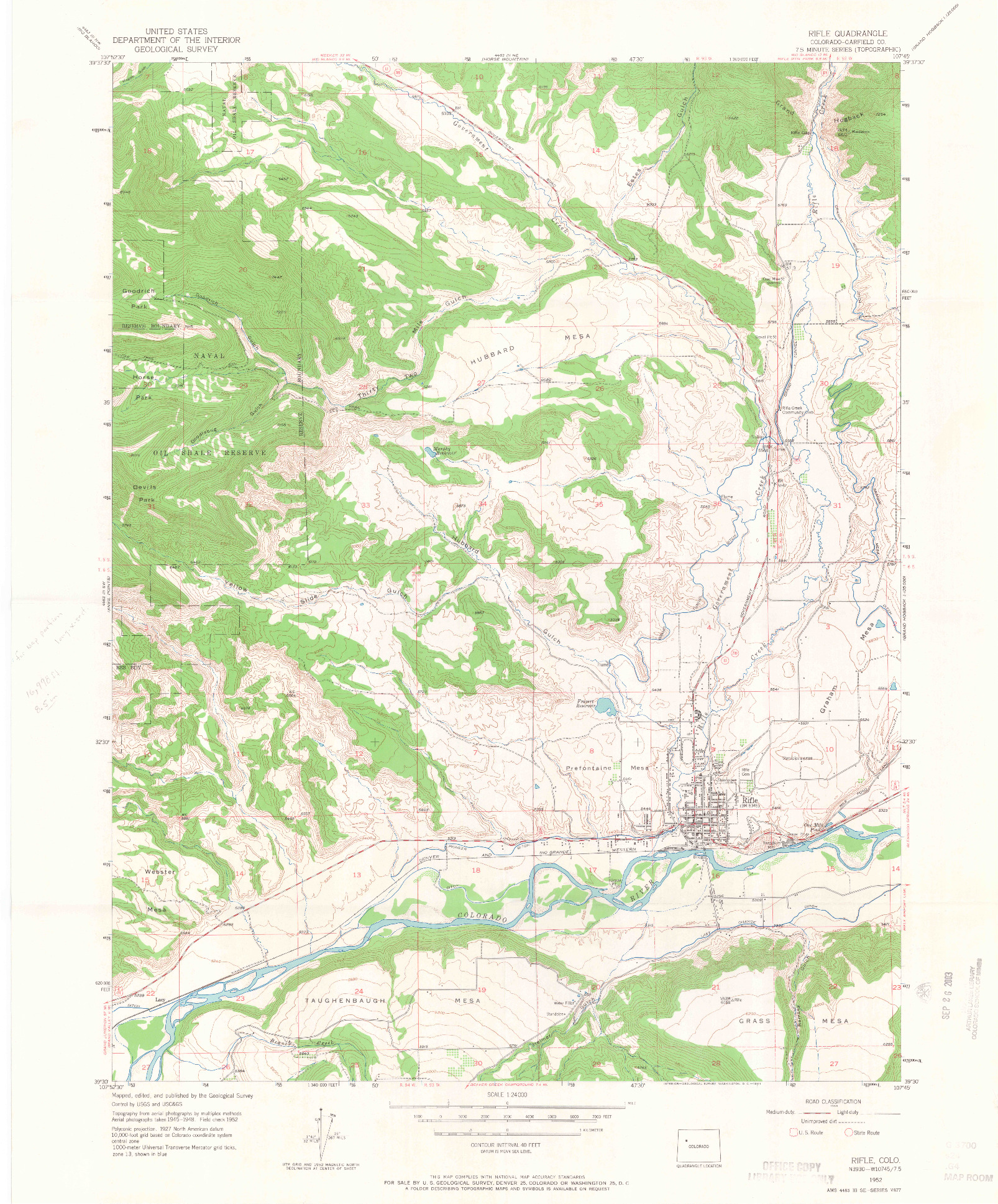 USGS 1:24000-SCALE QUADRANGLE FOR RIFLE, CO 1952