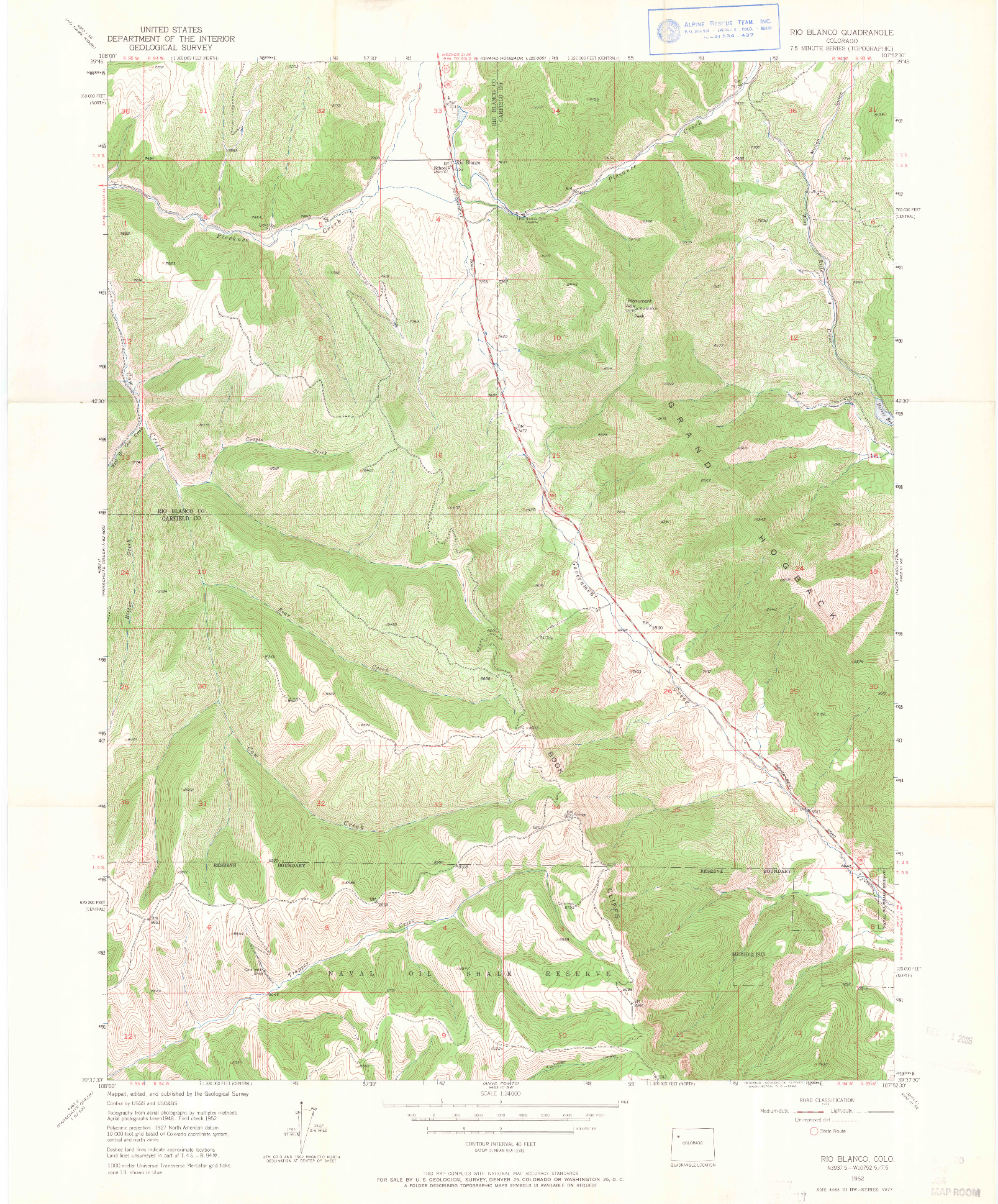 USGS 1:24000-SCALE QUADRANGLE FOR RIO BLANCO, CO 1952