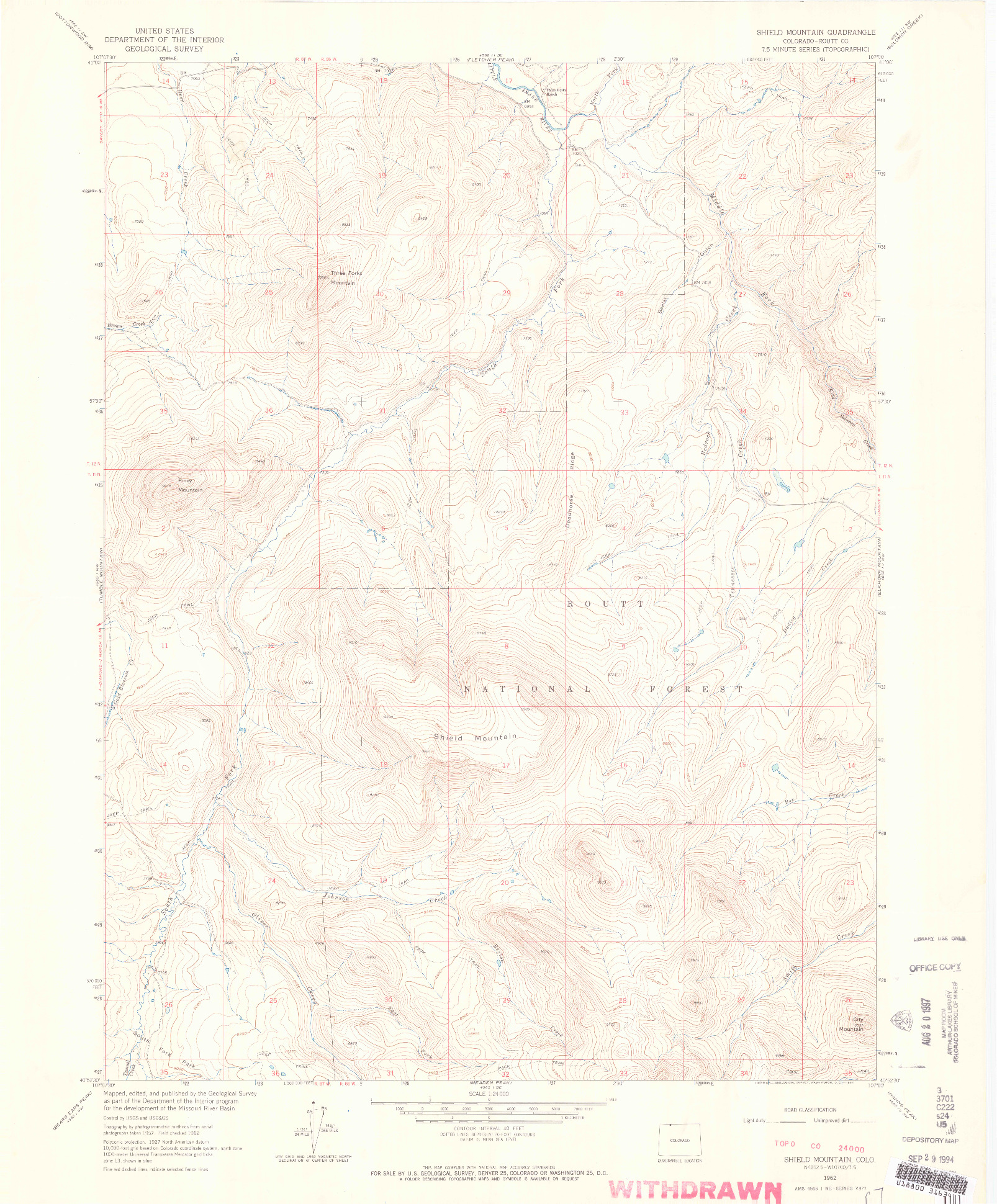 USGS 1:24000-SCALE QUADRANGLE FOR SHIELD MOUNTAIN, CO 1962