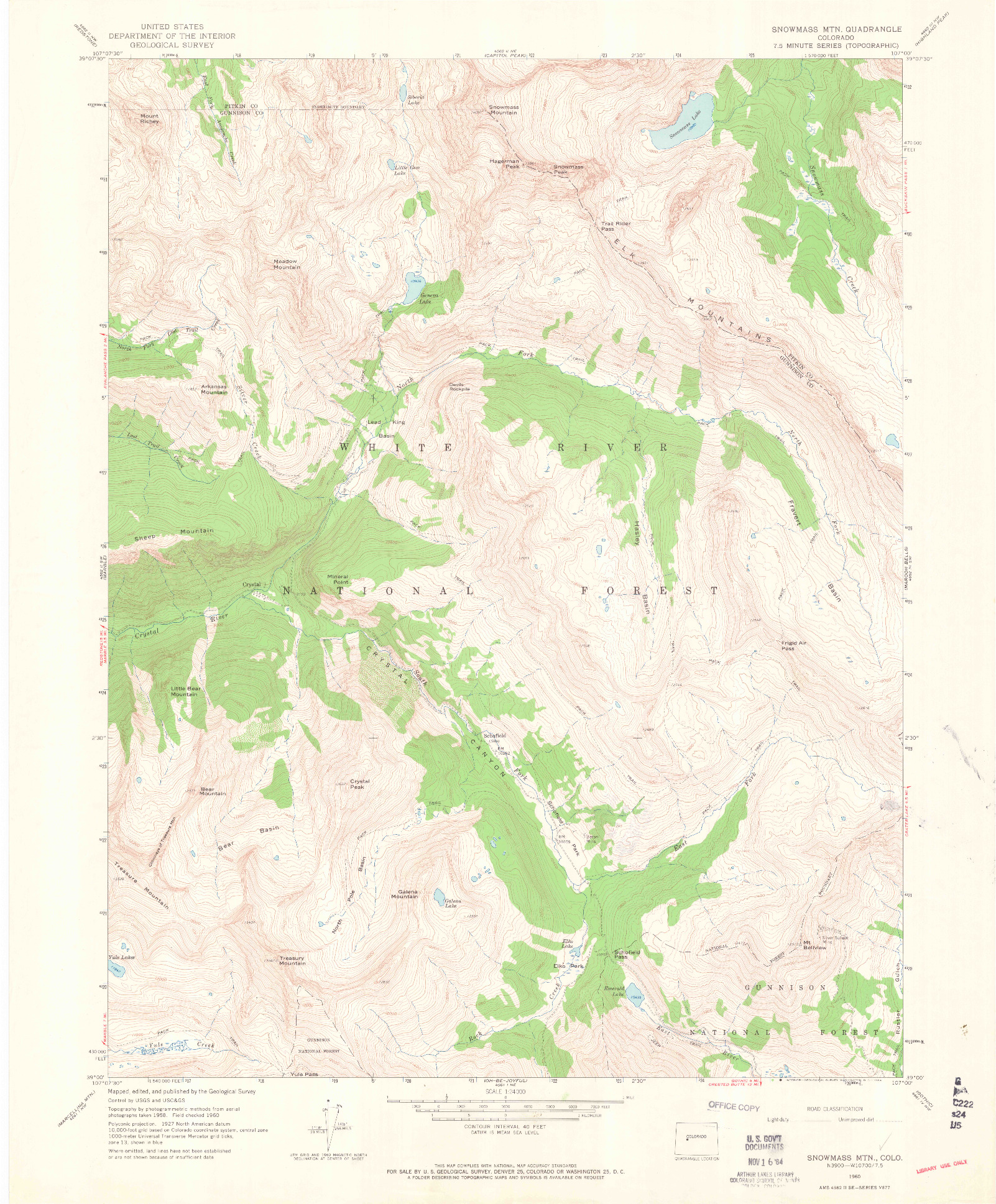 USGS 1:24000-SCALE QUADRANGLE FOR SNOWMASS MOUNTAIN, CO 1960