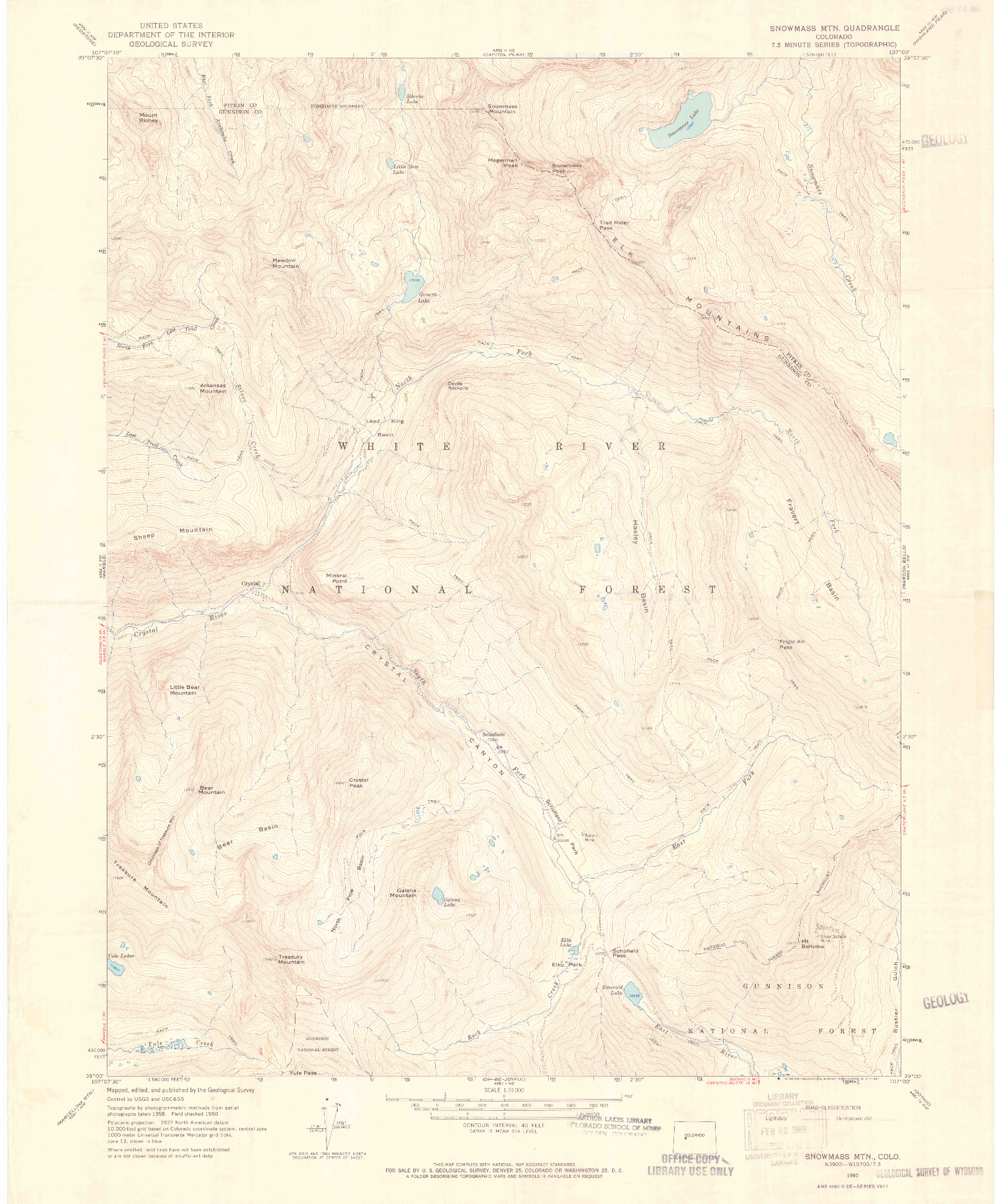 USGS 1:24000-SCALE QUADRANGLE FOR SNOWMASS MOUNTAIN, CO 1960