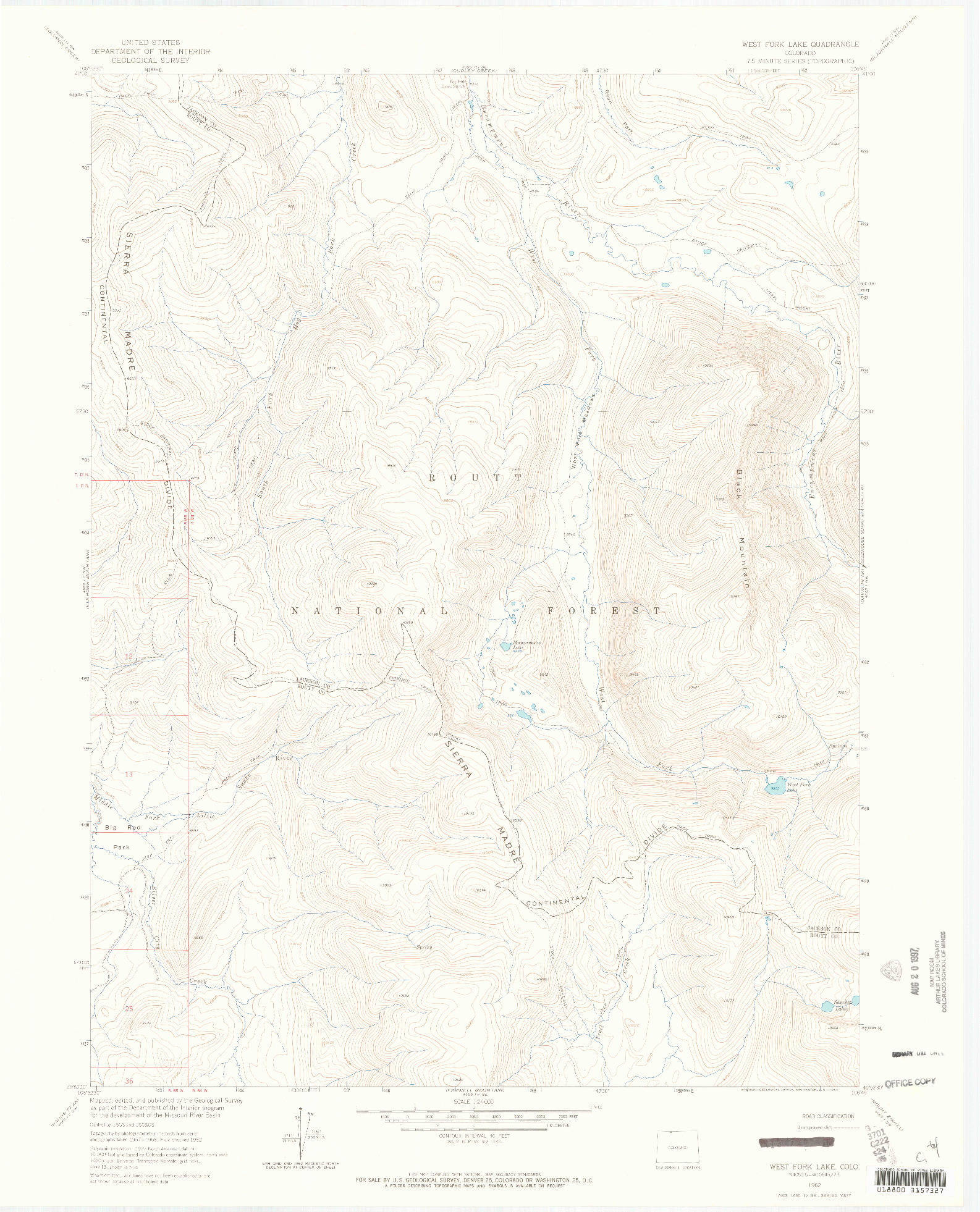 USGS 1:24000-SCALE QUADRANGLE FOR WEST FORK LAKE, CO 1962