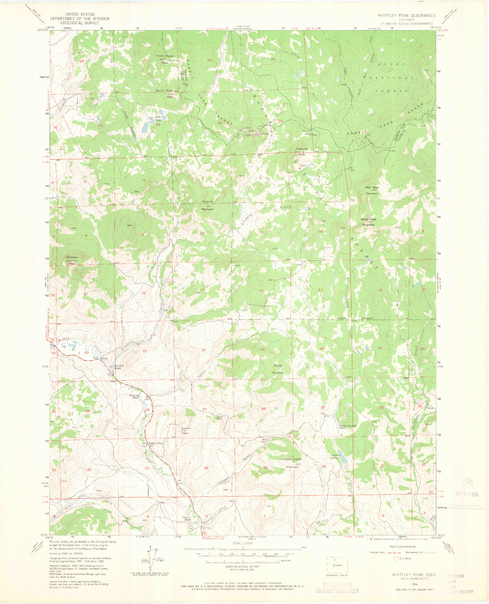 USGS 1:24000-SCALE QUADRANGLE FOR WHITELEY PEAK, CO 1956