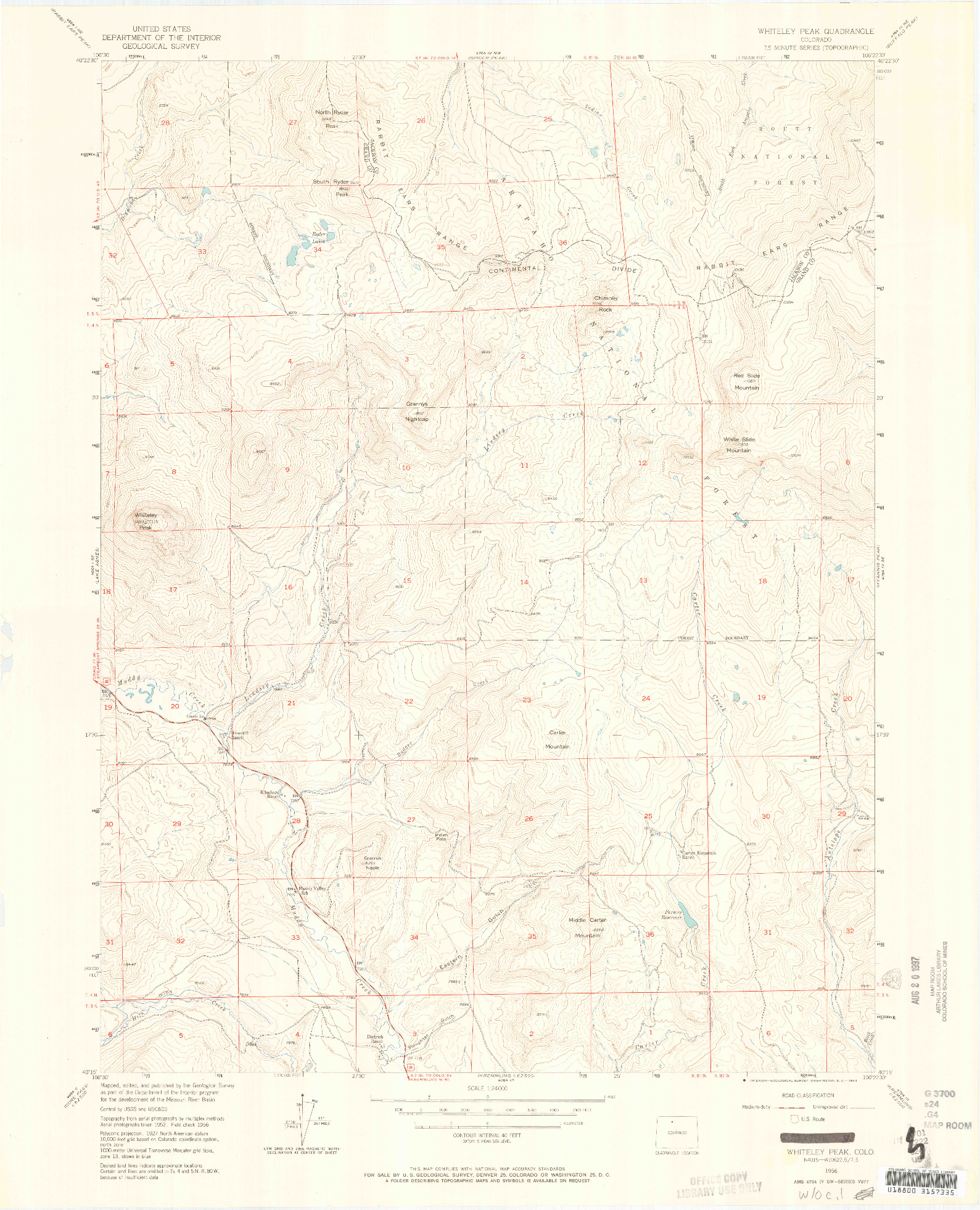 USGS 1:24000-SCALE QUADRANGLE FOR WHITELEY PEAK, CO 1956