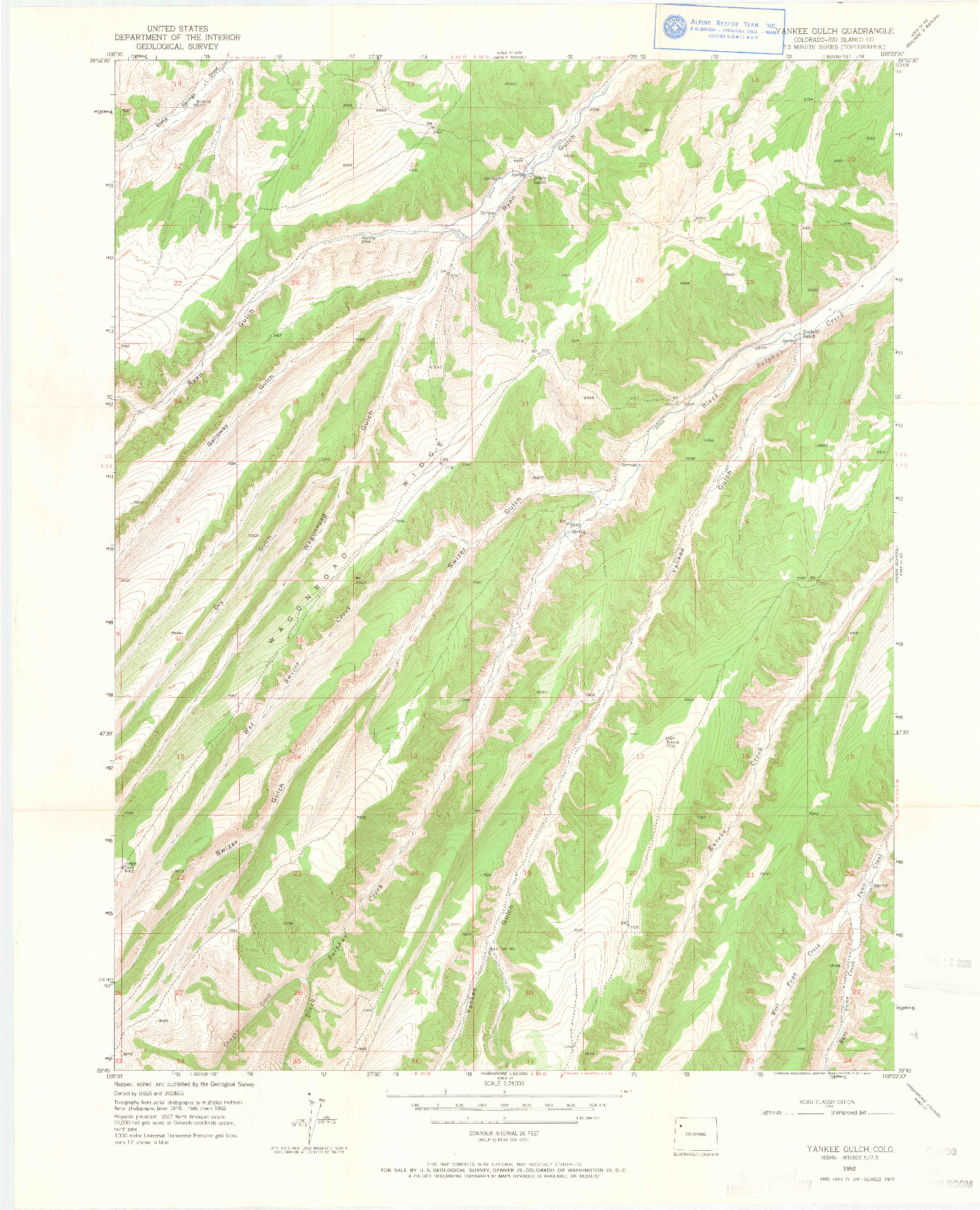 USGS 1:24000-SCALE QUADRANGLE FOR YANKEE GULCH, CO 1952