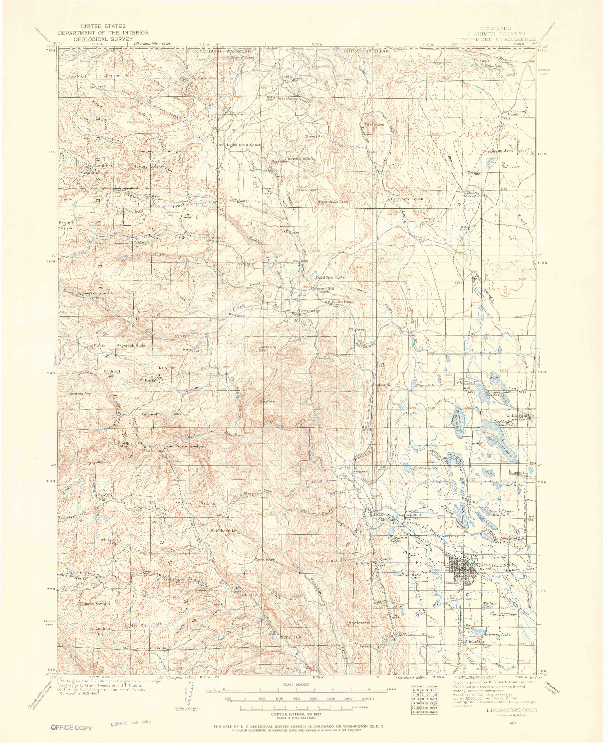 USGS 1:125000-SCALE QUADRANGLE FOR LIVERMORE, CO 1907