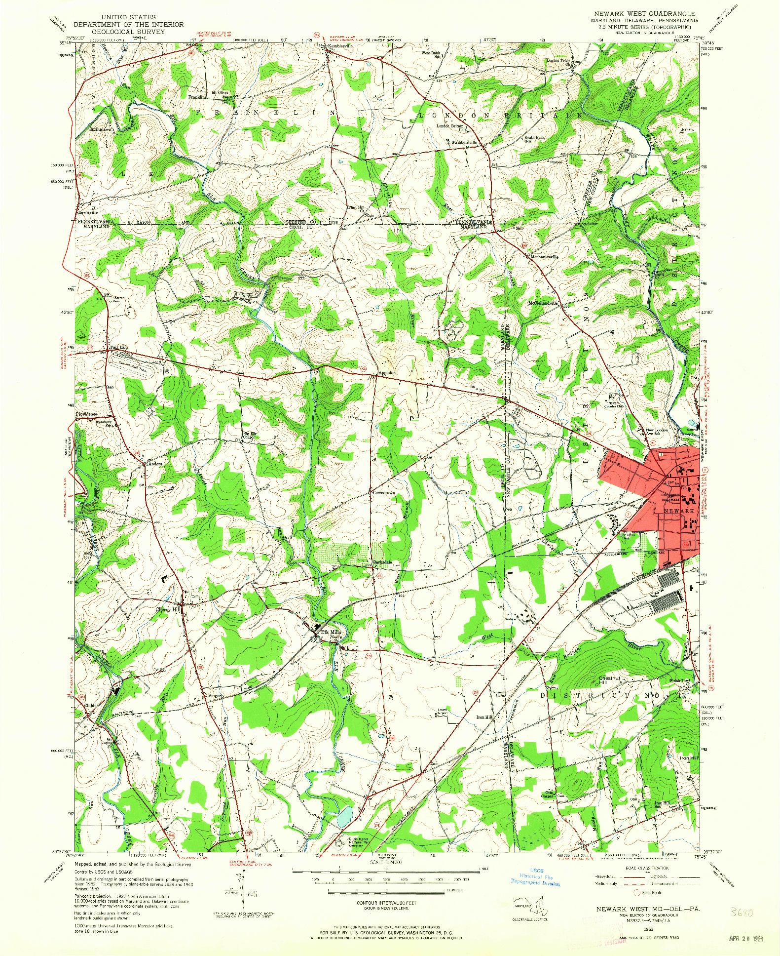 USGS 1:24000-SCALE QUADRANGLE FOR NEWARK WEST, MD 1953